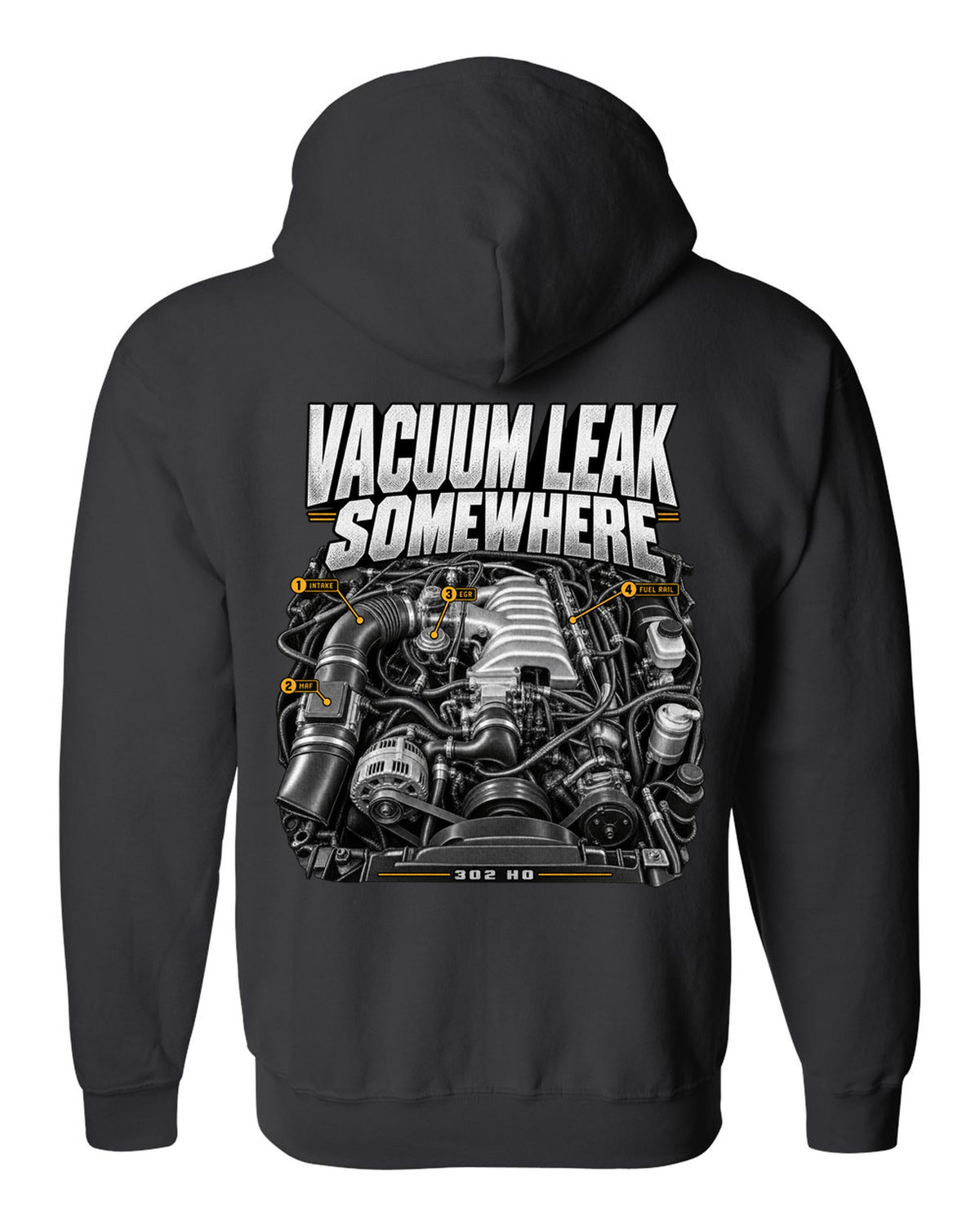 print of a Ford Mustang Fox Body 5.0 302 HO engine bay, 1987-93 black zip hoodie back view with the design