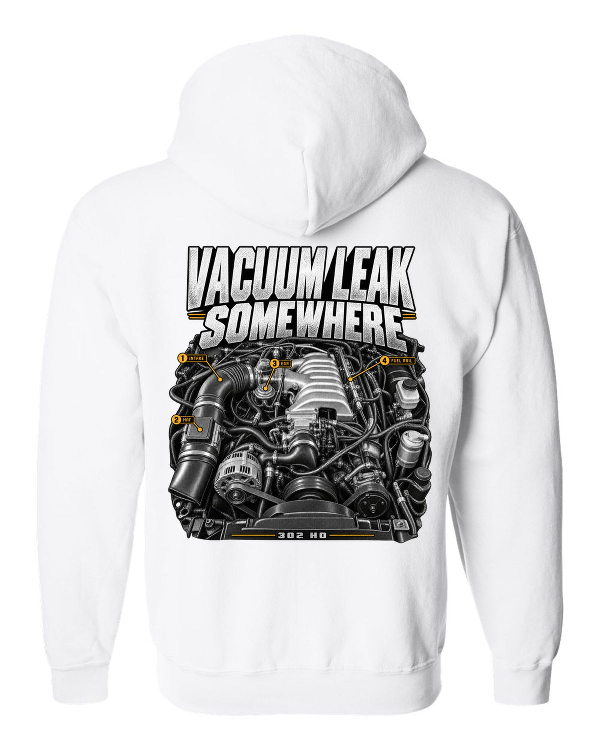 print of a Ford Mustang Fox Body 5.0 302 HO engine bay, 1987-93 white zip hoodie back view with the design
