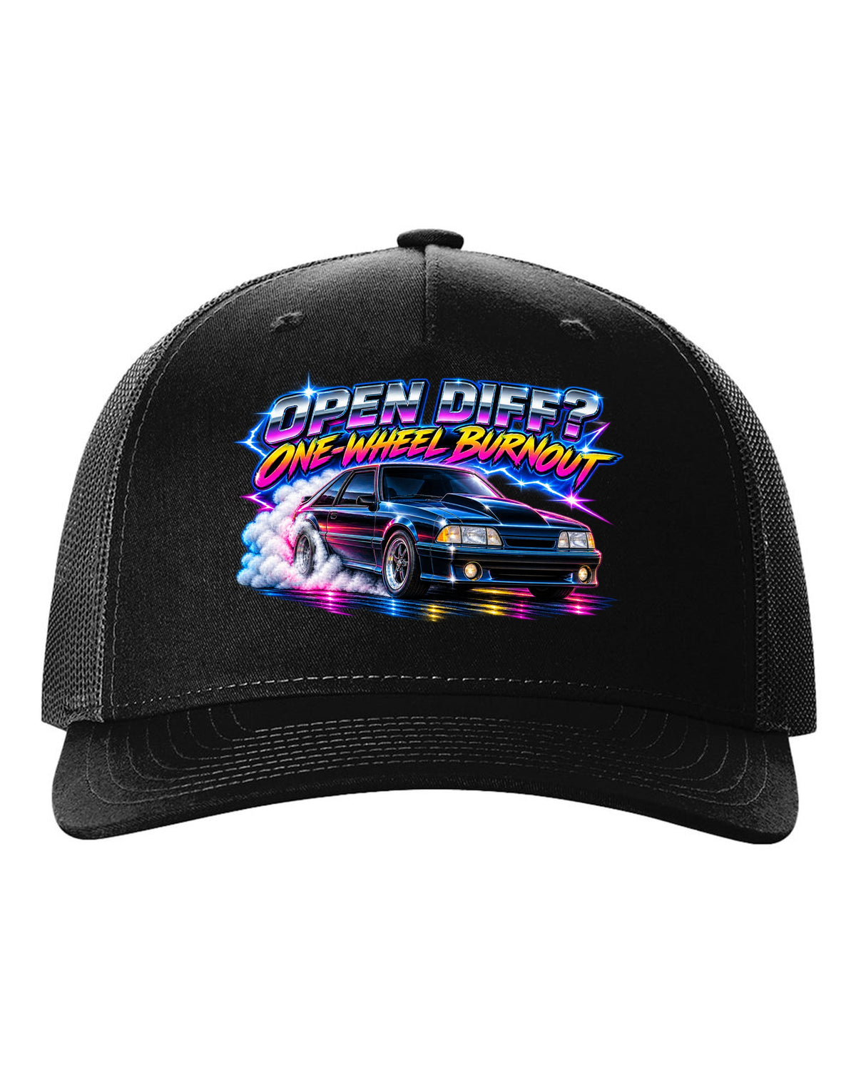 80s airbrush chrome print of a Ford Mustang Fox Body GT chback with a one-wheel burnout black hat front view with the design