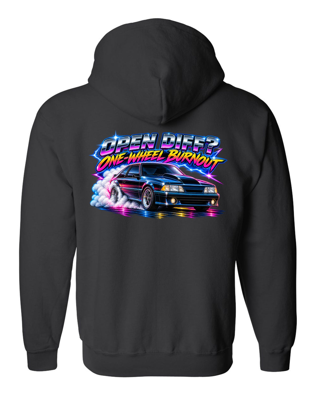 80s airbrush chrome print of a Ford Mustang Fox Body GT chback with a one-wheel burnout black zip hoodie back view with the design