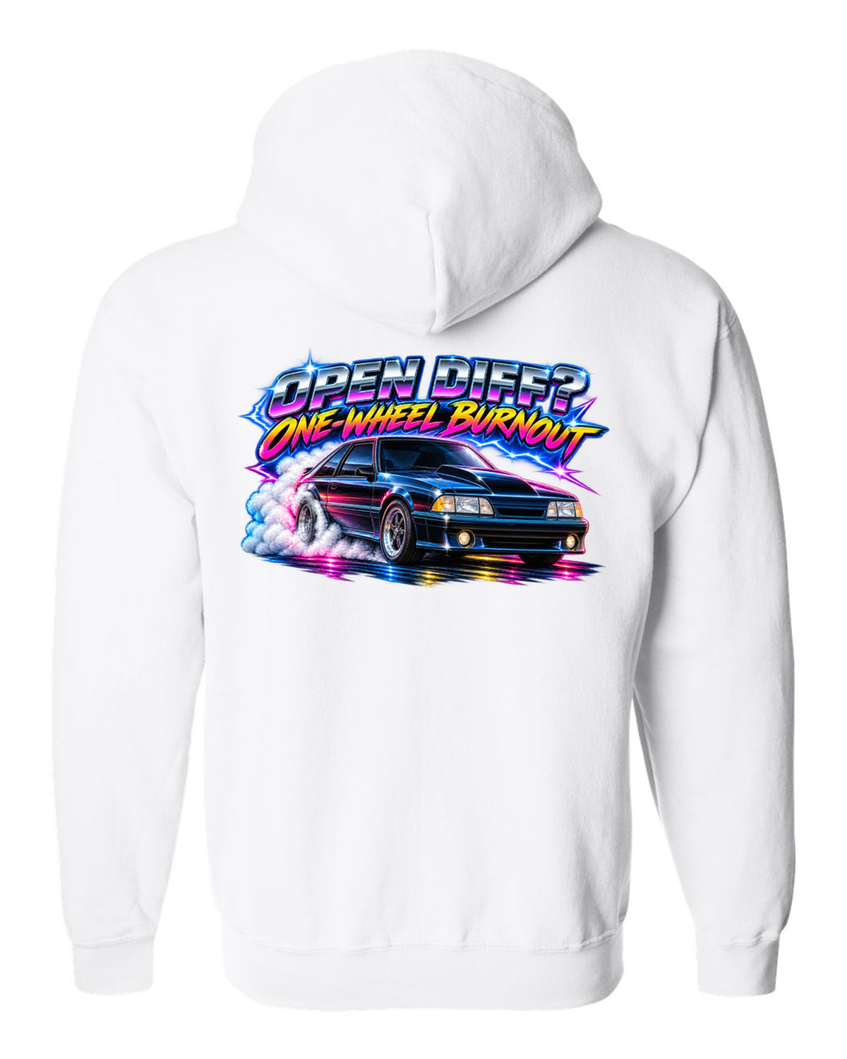 80s airbrush chrome print of a Ford Mustang Fox Body GT chback with a one-wheel burnout white zip hoodie back view with the design