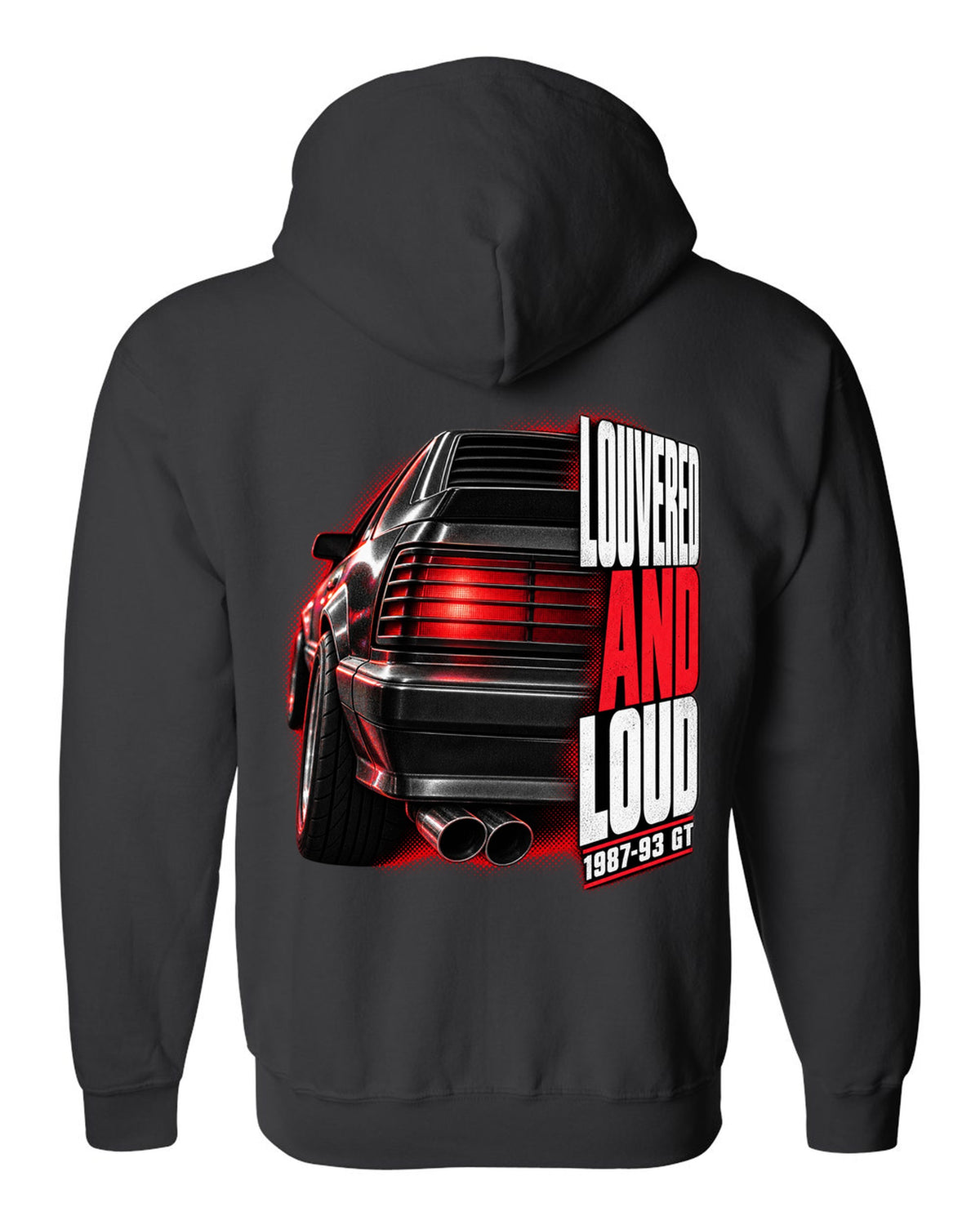 Macro print of a Ford Mustang Fox Body GT louvered taillight, 1987-93 black zip hoodie back view with the design