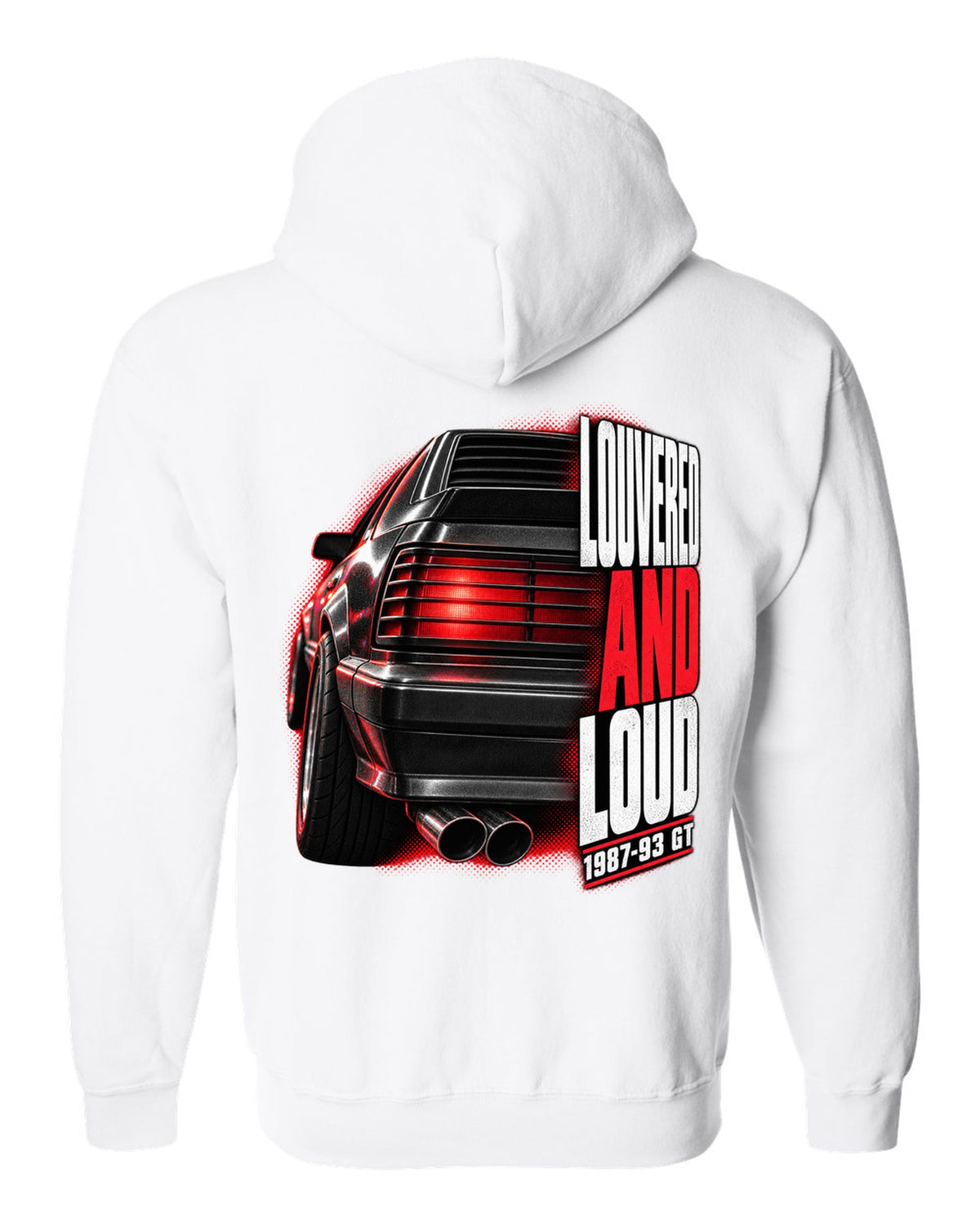 Macro print of a Ford Mustang Fox Body GT louvered taillight, 1987-93 white zip hoodie back view with the design