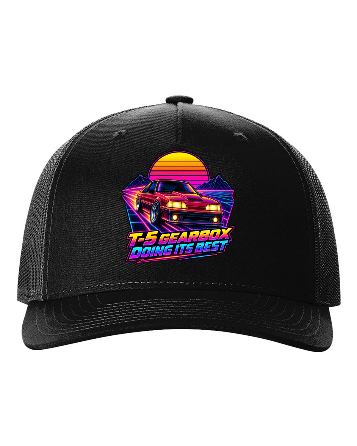 Synthwave sunset grid print of a Ford Mustang Fox Body GT with T-5 gearbox text black hat front view with the design