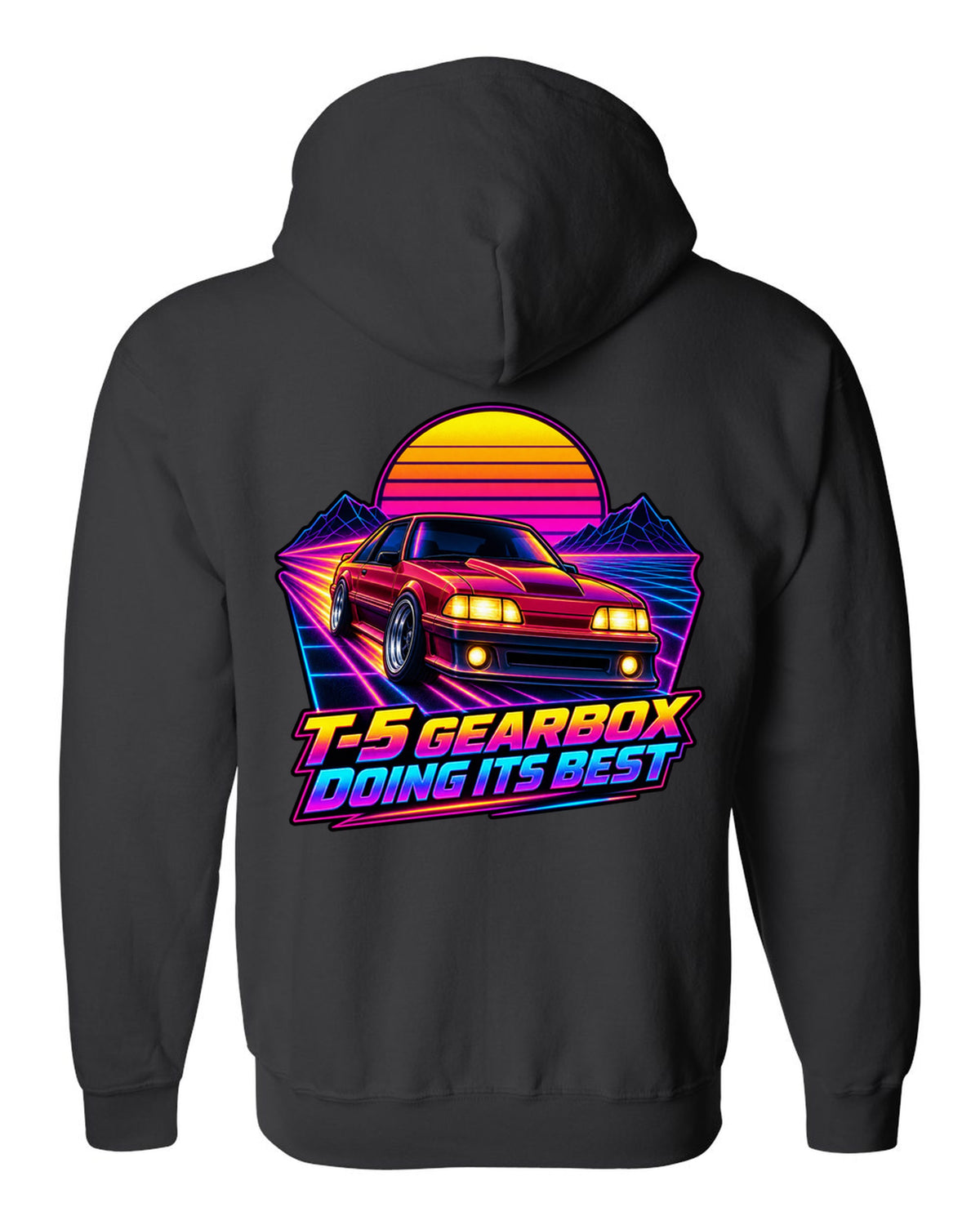 Synthwave sunset grid print of a Ford Mustang Fox Body GT with T-5 gearbox text black zip hoodie back view with the design
