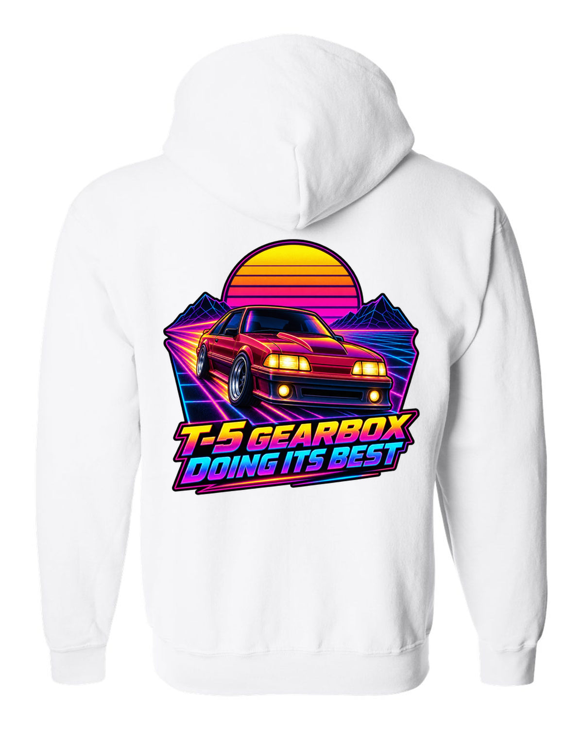 Synthwave sunset grid print of a Ford Mustang Fox Body GT with T-5 gearbox text white zip hoodie back view with the design