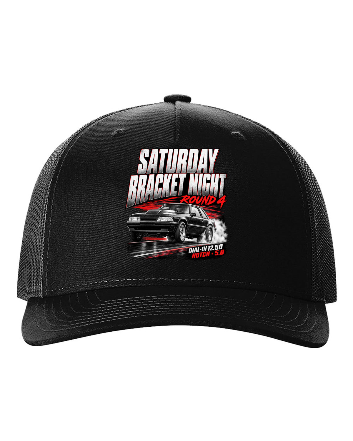 Race poster illustration of a Fox body Mustang notchback drag build for bracket night round 4 black hat front view with the design