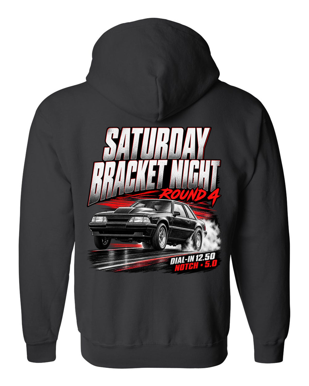 Race poster illustration of a Fox body Mustang notchback drag build for bracket night round 4 black zip hoodie back view with the design