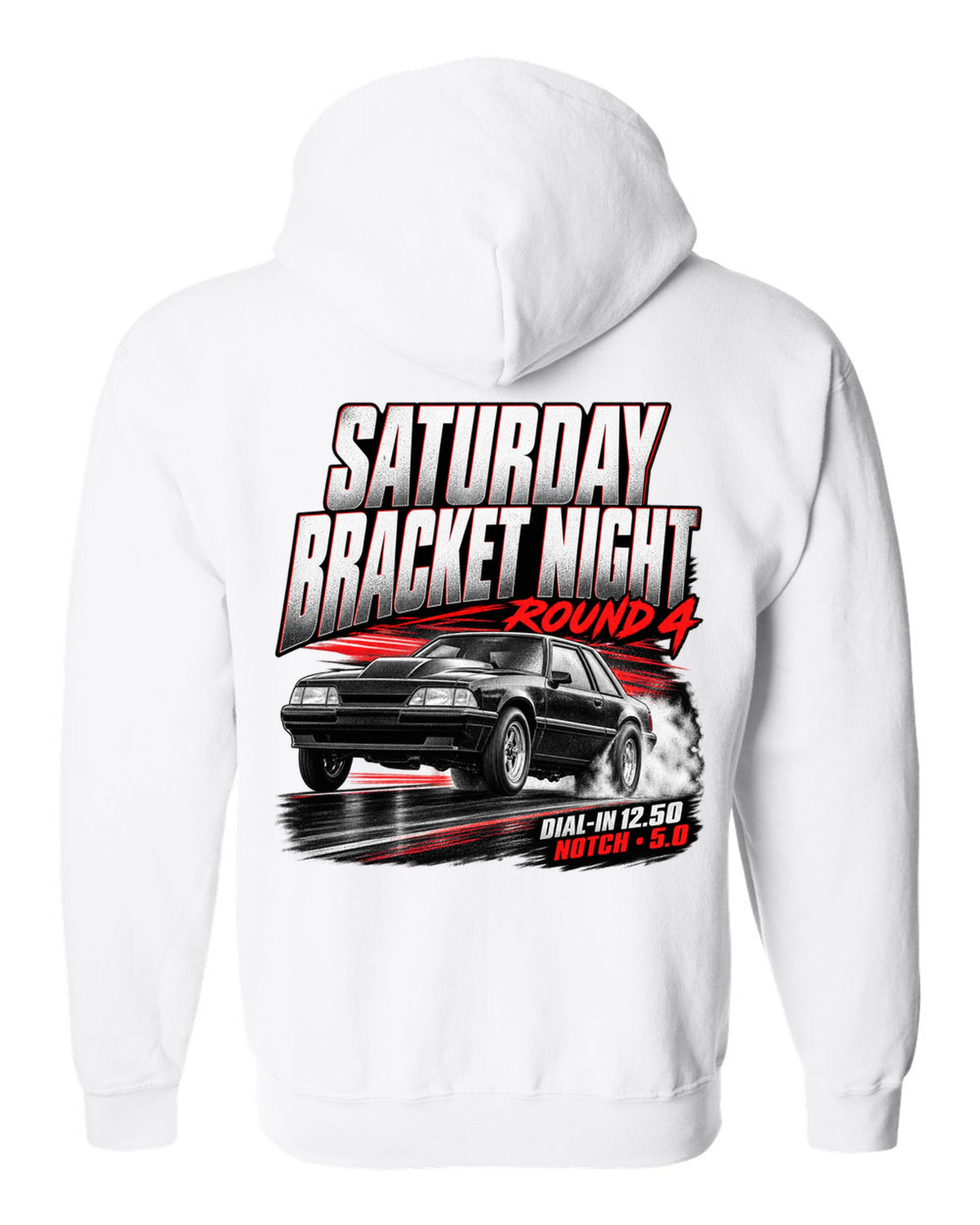 Race poster illustration of a Fox body Mustang notchback drag build for bracket night round 4 white zip hoodie back view with the design