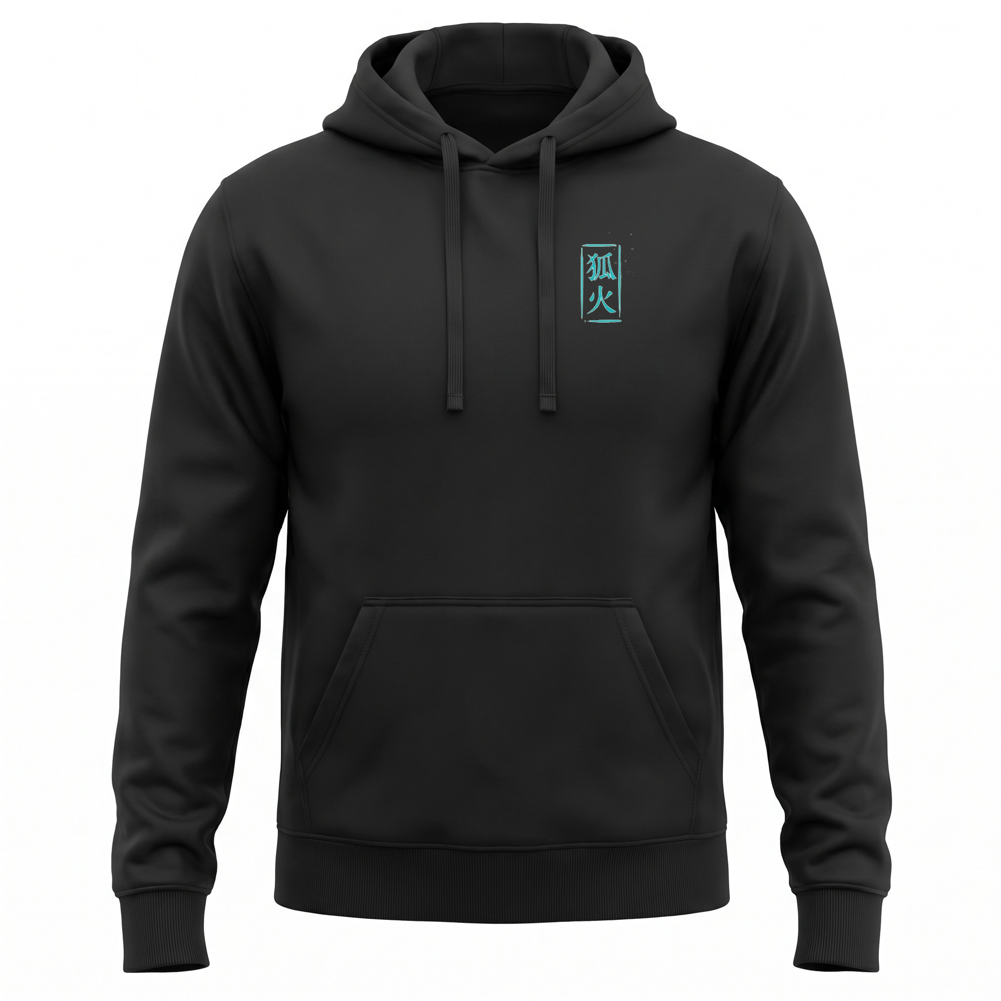 Foxfire II — MK4 Supra Kitsune Sumi Ink Full-Back Hoodie — Black front (left-chest seal)