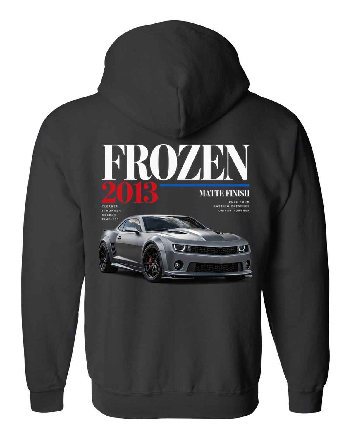 BMW E92 M3 Frozen Edition editorial print with matte finish headline black zip hoodie back view with the design