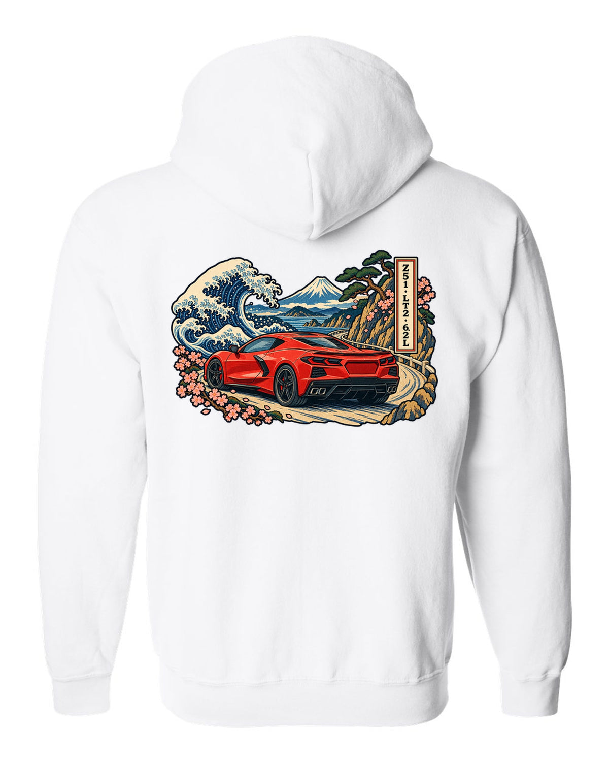 Ukiyo-e woodblock style print of a 2020 C8 Corvette Stingray on a mountain pass white zip hoodie back view with the design