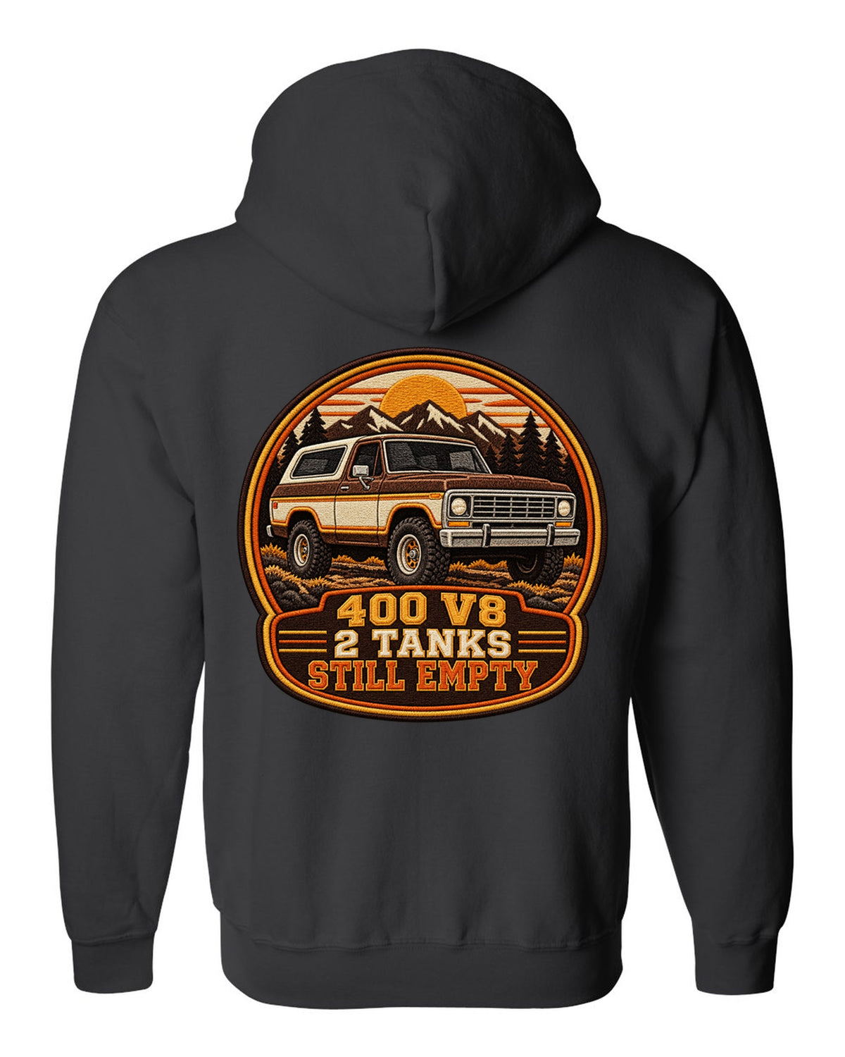 Varsity crest print for a 1978-79 full-size Ford Bronco with 400 V8 and two tanks text black zip hoodie back view with the design