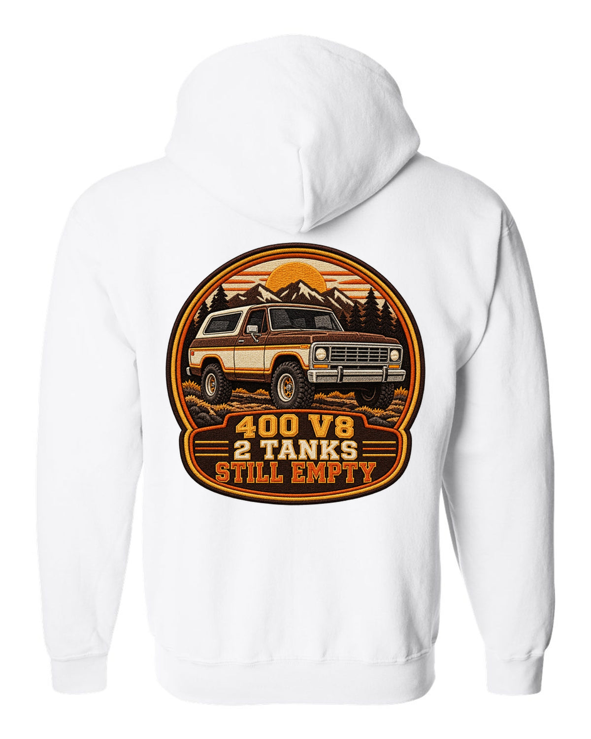 Varsity crest print for a 1978-79 full-size Ford Bronco with 400 V8 and two tanks text white zip hoodie back view with the design