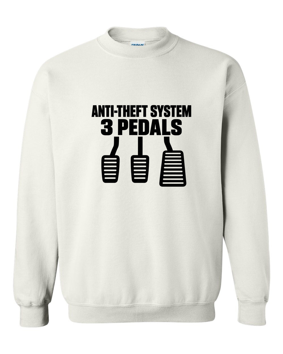 Three car pedal silhouettes above two lines of text white crewneck front view with the design