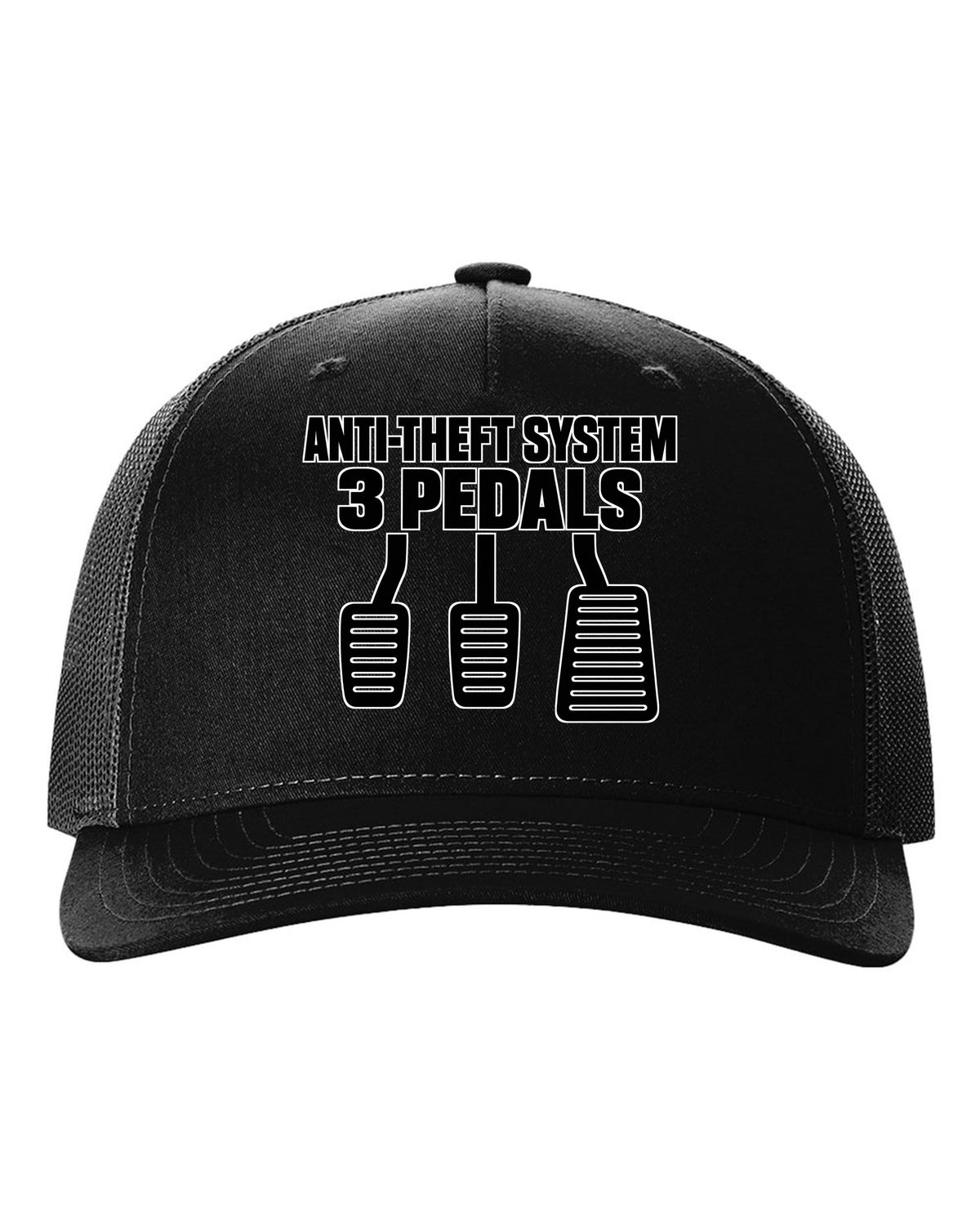 Three car pedal silhouettes above two lines of text black hat front view with the design