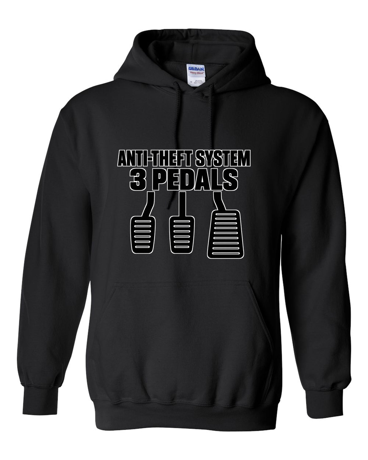 Three car pedal silhouettes above two lines of text black pull over hoodie front view with the design