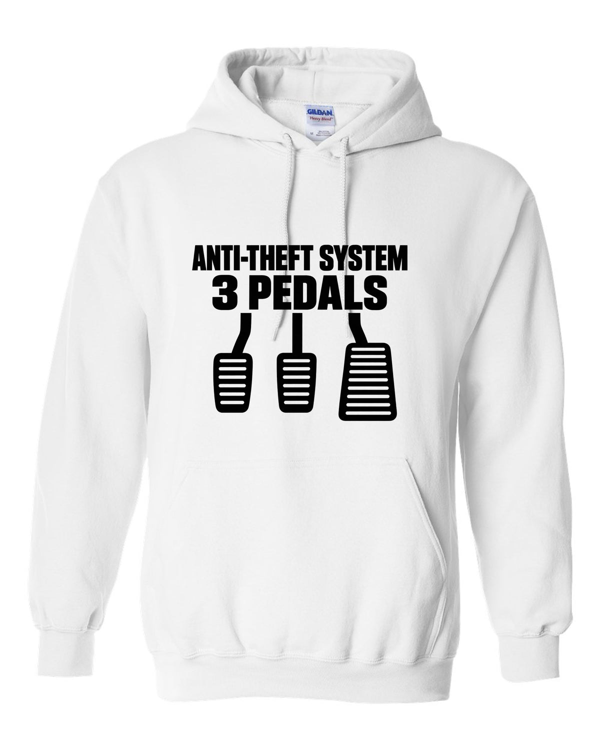 Three car pedal silhouettes above two lines of text white pull over hoodie front view with the design