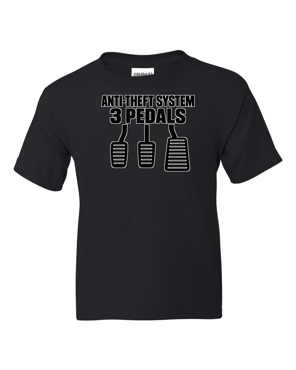 Three car pedal silhouettes above two lines of text black kids tee front view with the design