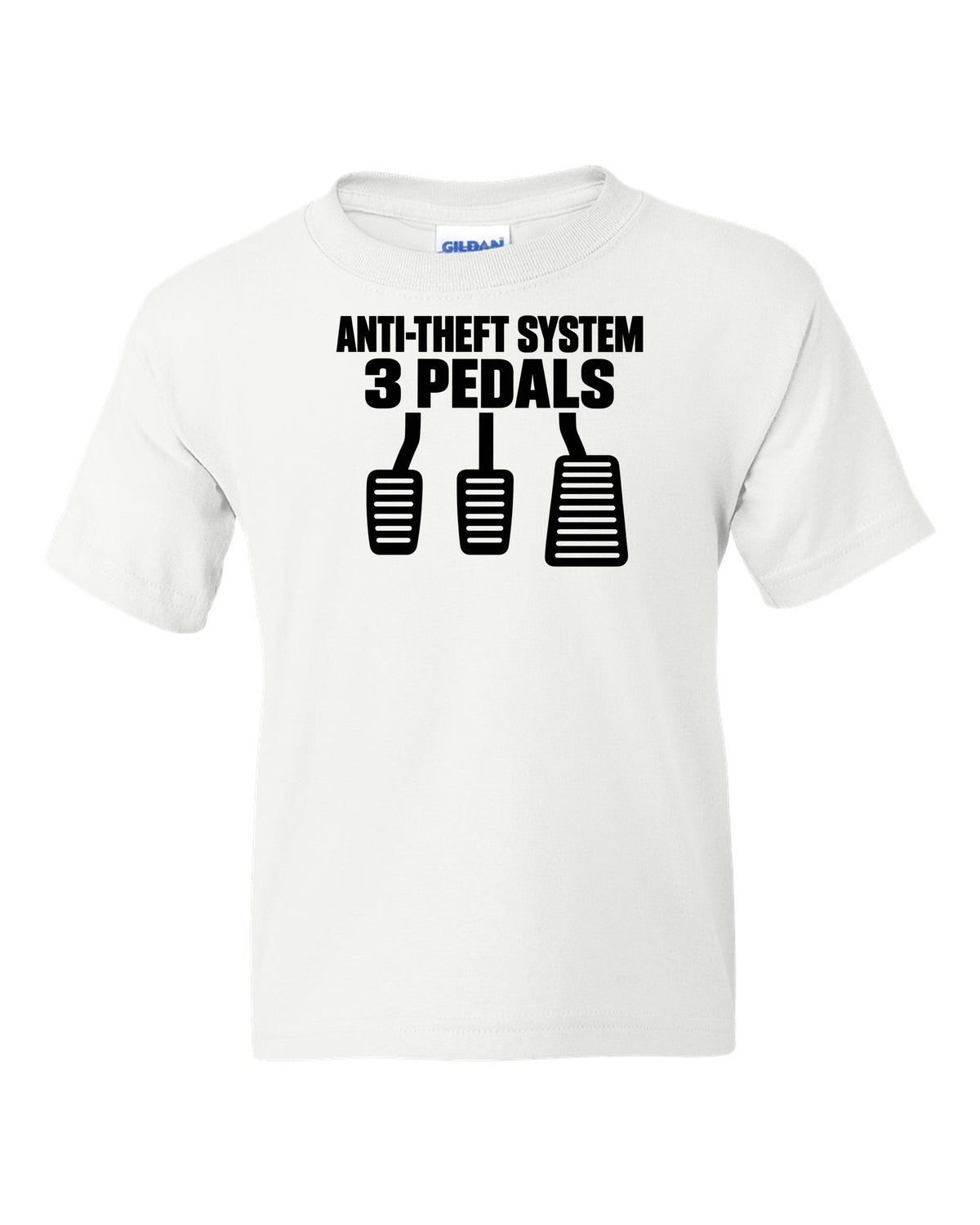 Three car pedal silhouettes above two lines of text white kids tee front view with the design