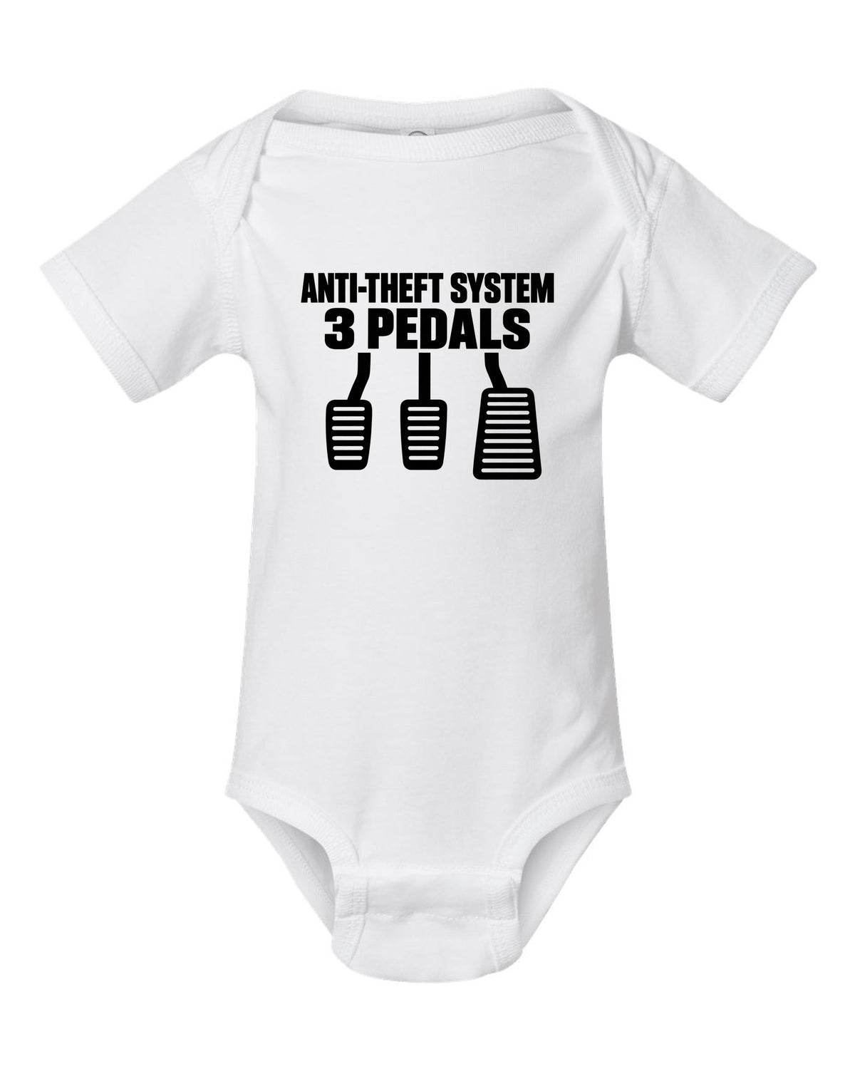 Funny Anti-Theft Manual Car Shirt for Car Guys white baby onesie front view with the design
