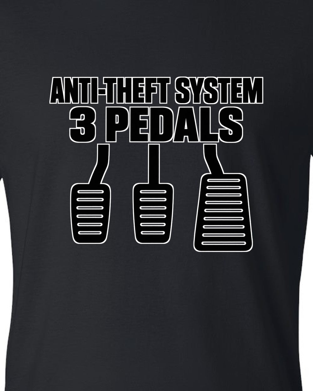 Three car pedal silhouettes above two lines of text black t-shirt close-up