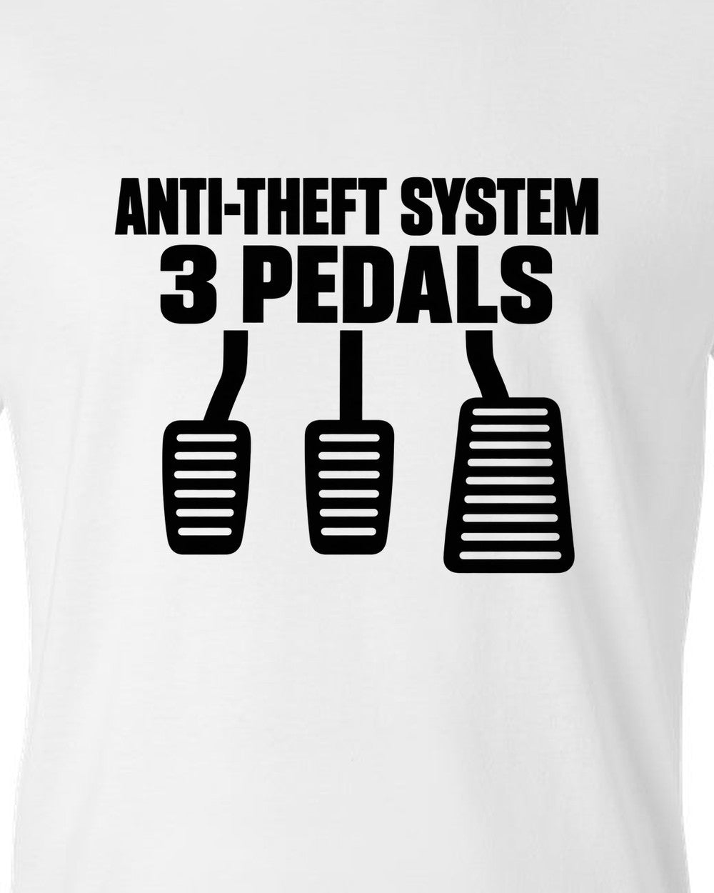 Three car pedal silhouettes above two lines of text white t-shirt close-up