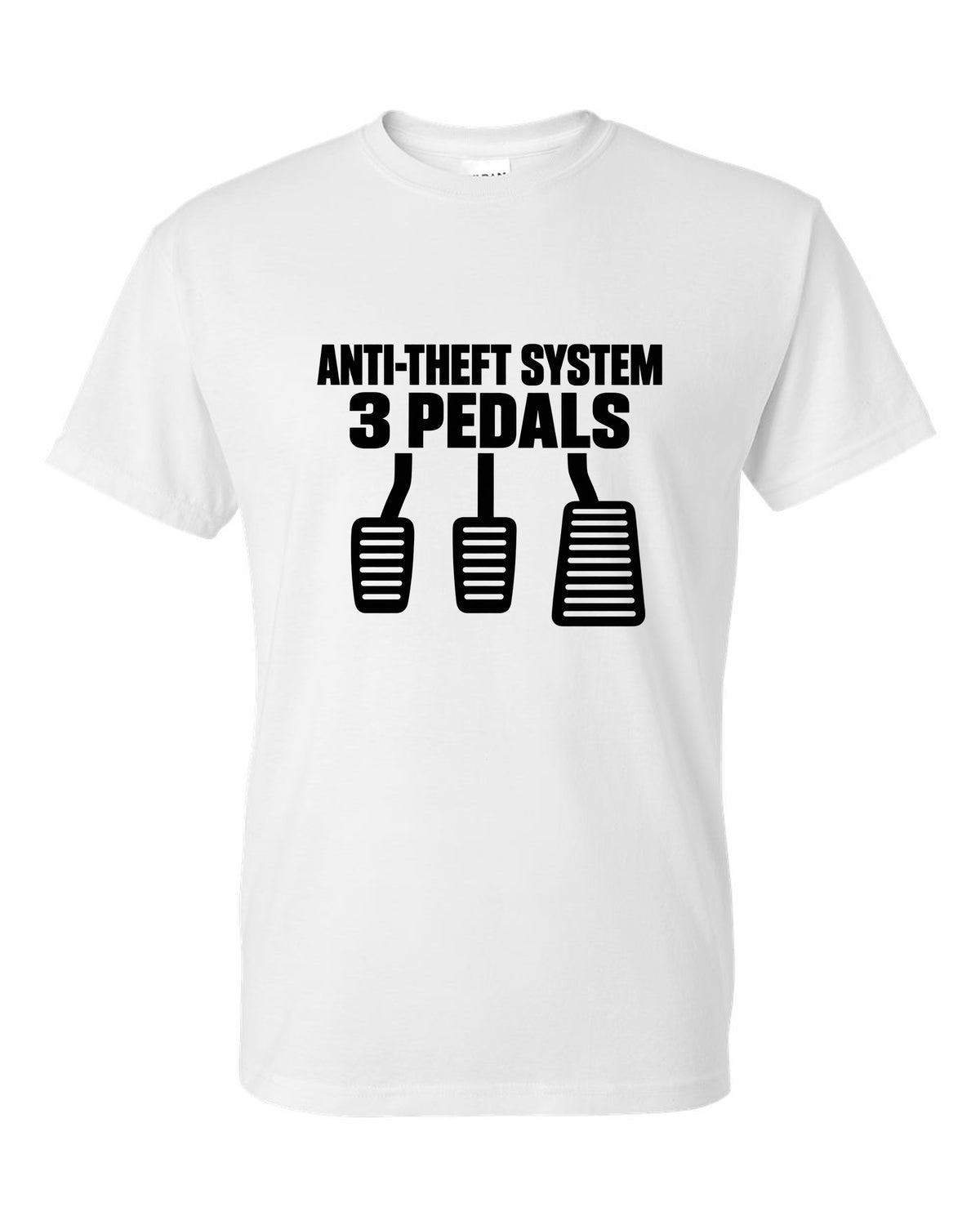 Three car pedal silhouettes above two lines of text white t-shirt front view with the design