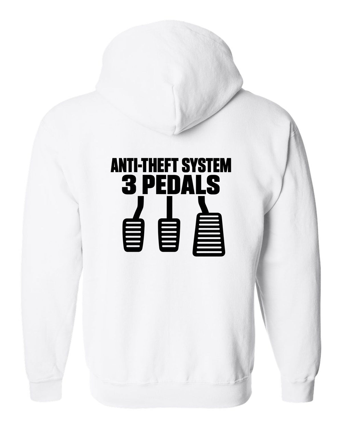 Three car pedal silhouettes above two lines of text white zip hoodie back view with the design
