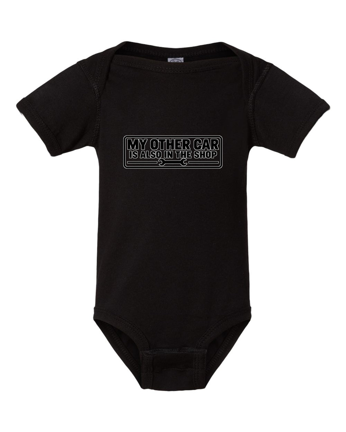 Funny Bumper Sticker Car in Shop Shirt for Car Guys black baby onesie front view with the design