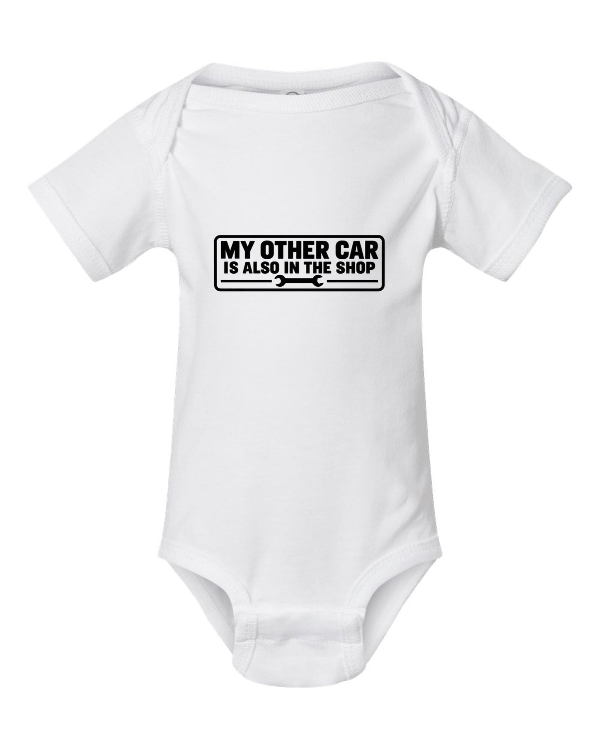 Funny Bumper Sticker Car in Shop Shirt for Car Guys white baby onesie front view with the design