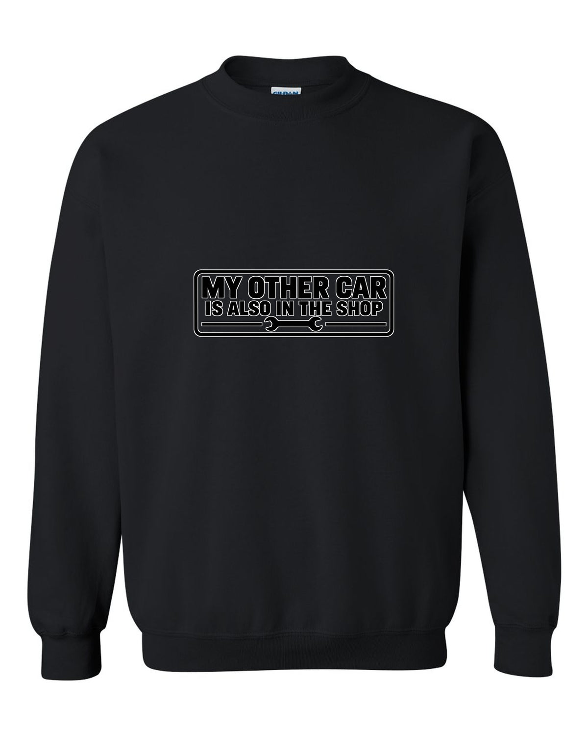 Bumper sticker rectangle with a small wrench icon black crewneck front view with the design
