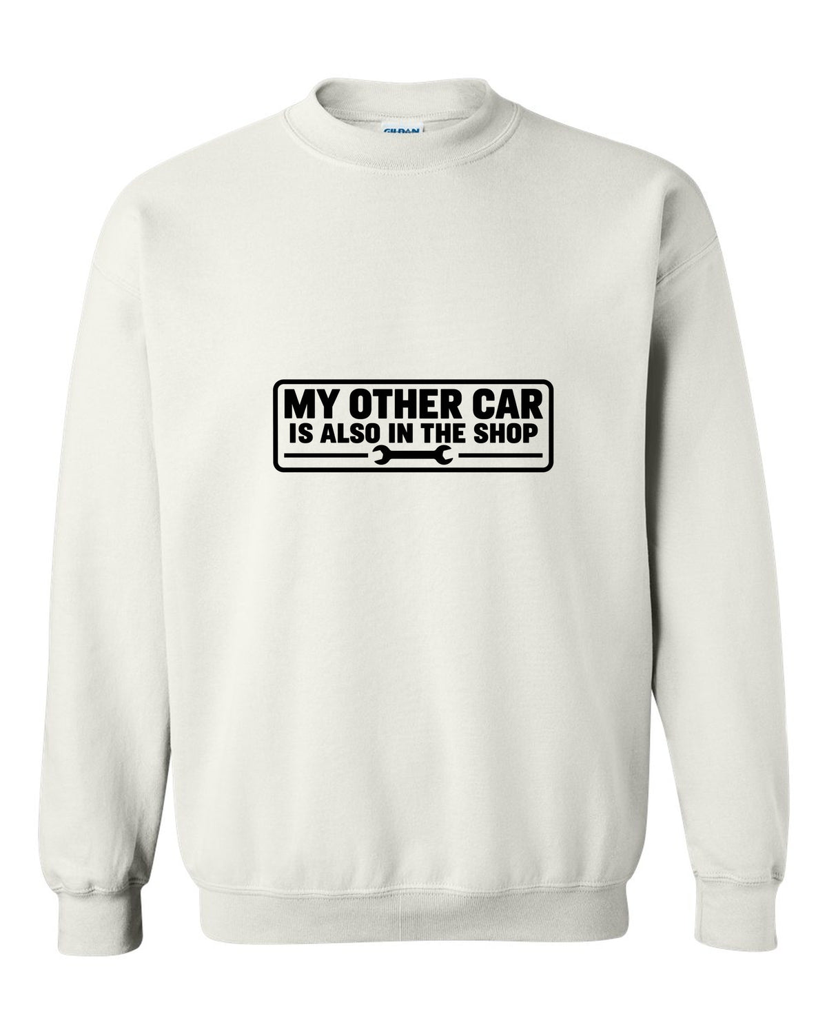 Bumper sticker rectangle with a small wrench icon white crewneck front view with the design