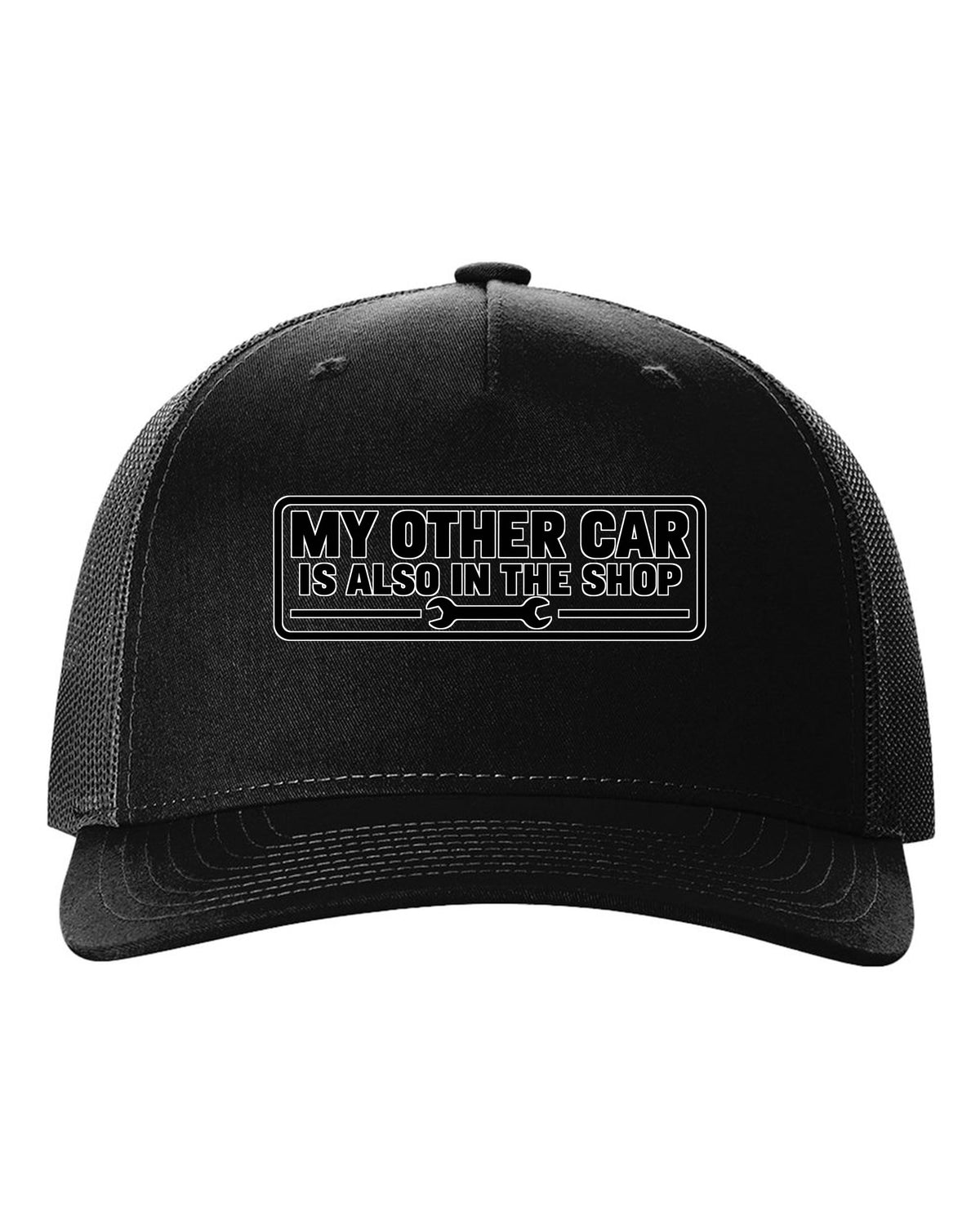 Bumper sticker rectangle with a small wrench icon black hat front view with the design