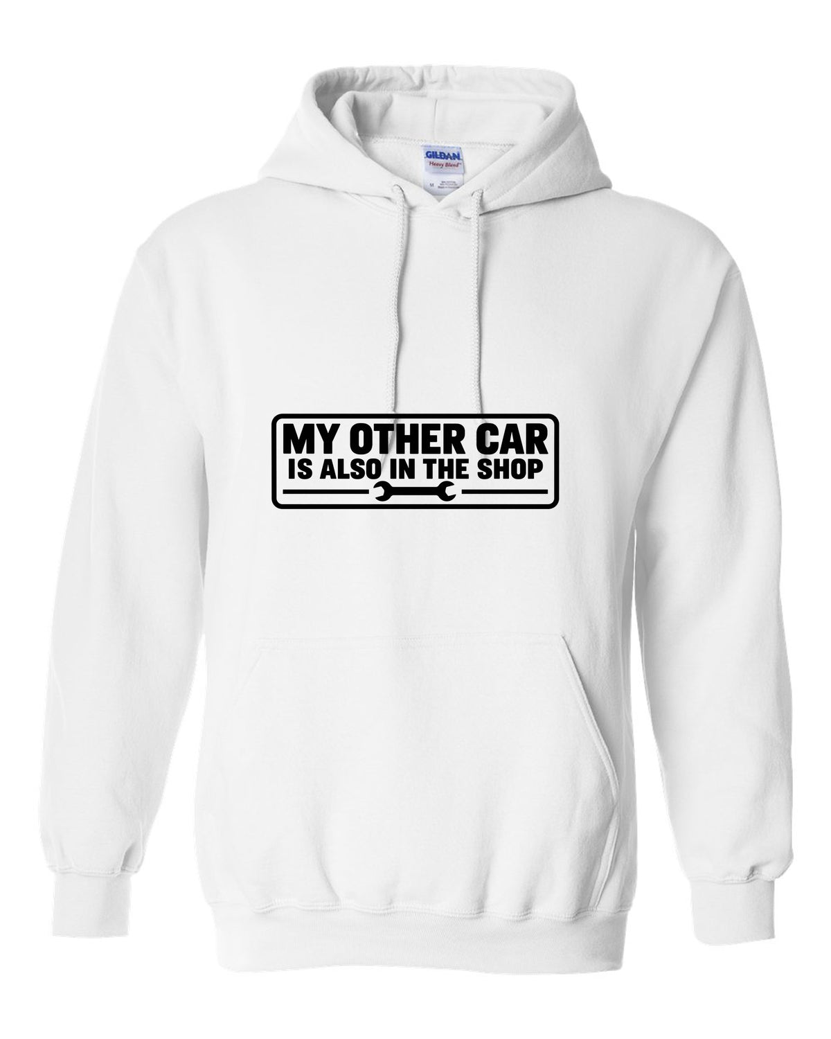 Bumper sticker rectangle with a small wrench icon white pull over hoodie front view with the design