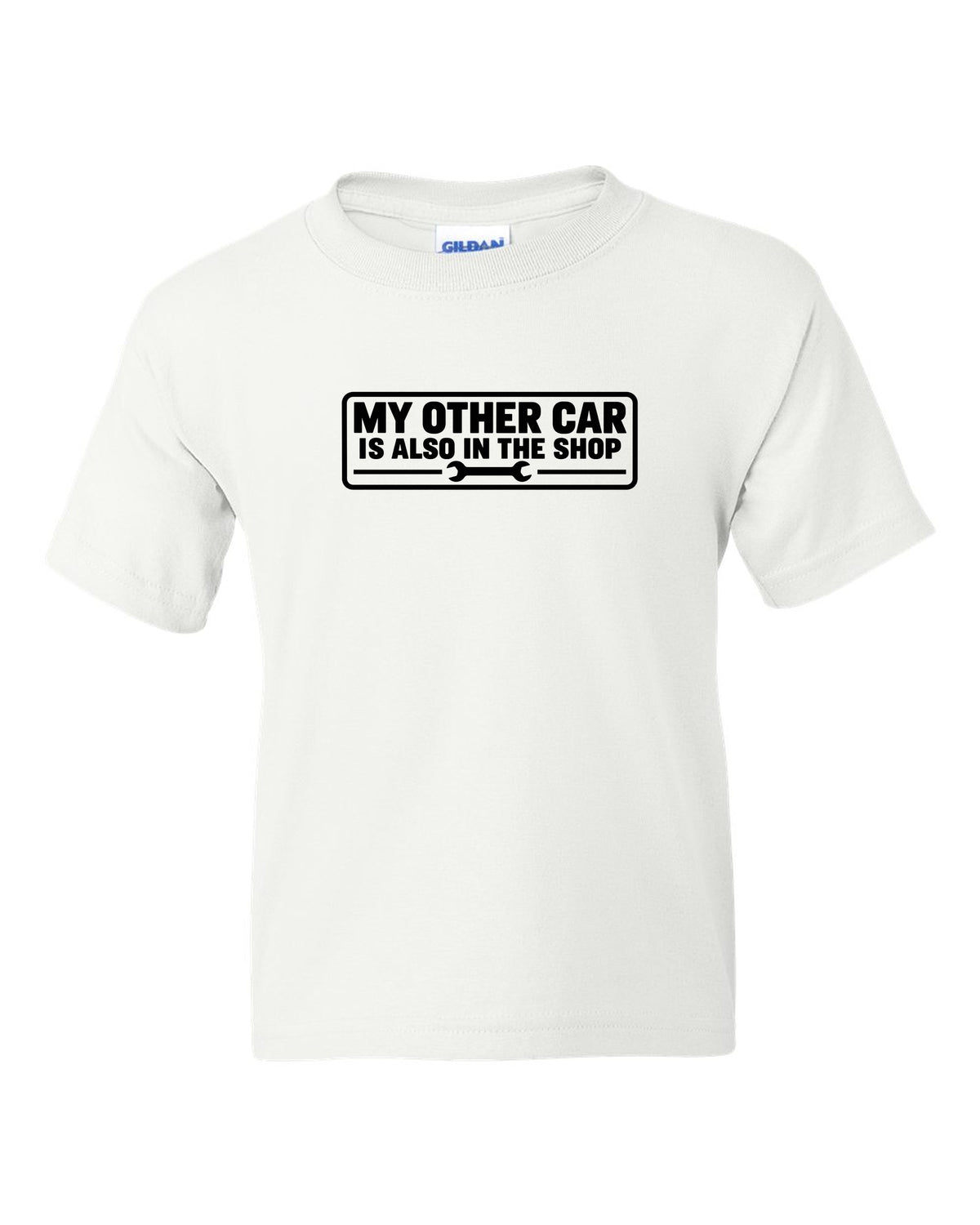 Bumper sticker rectangle with a small wrench icon white kids tee front view with the design