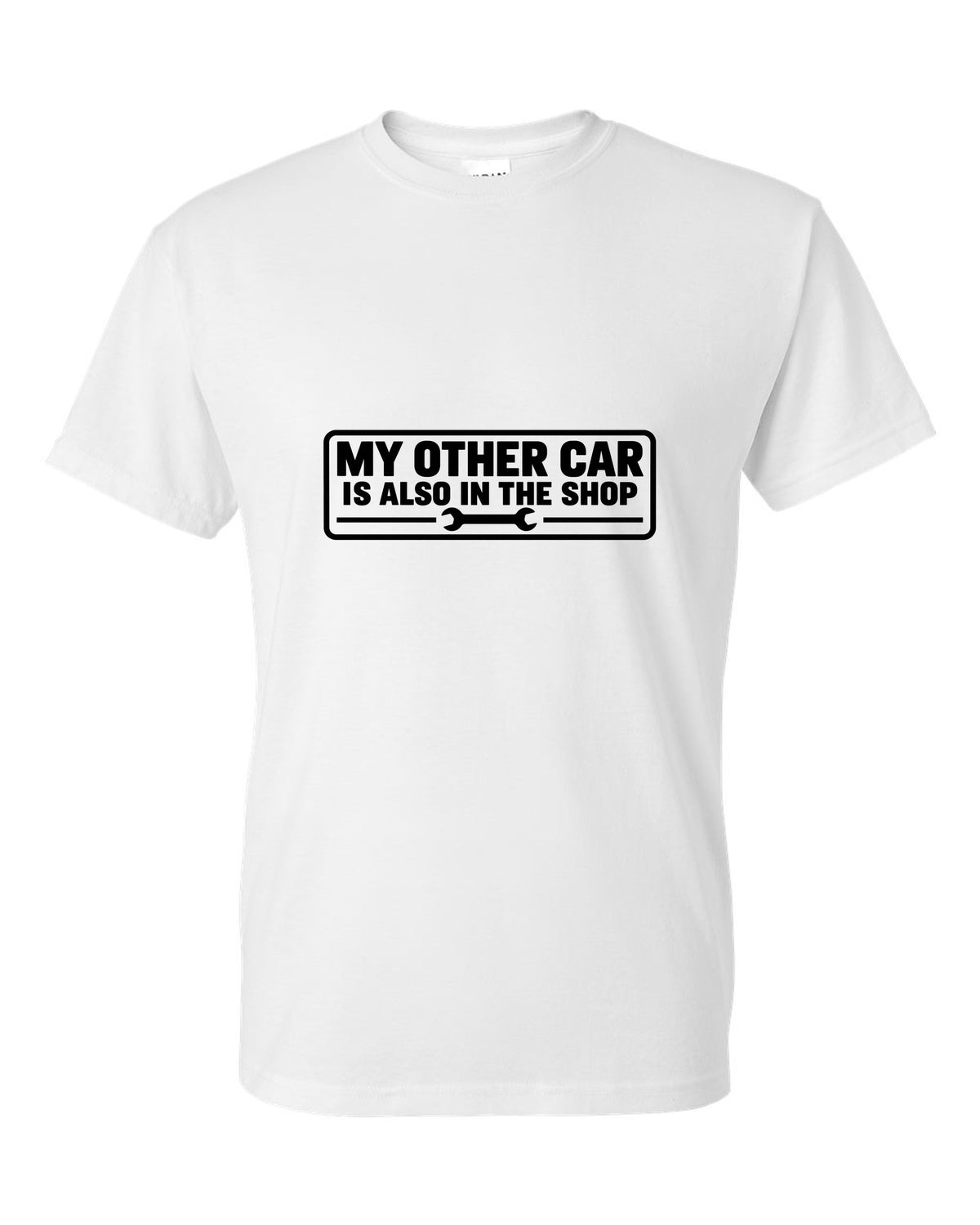 Bumper sticker rectangle with a small wrench icon white t-shirt front view with the design
