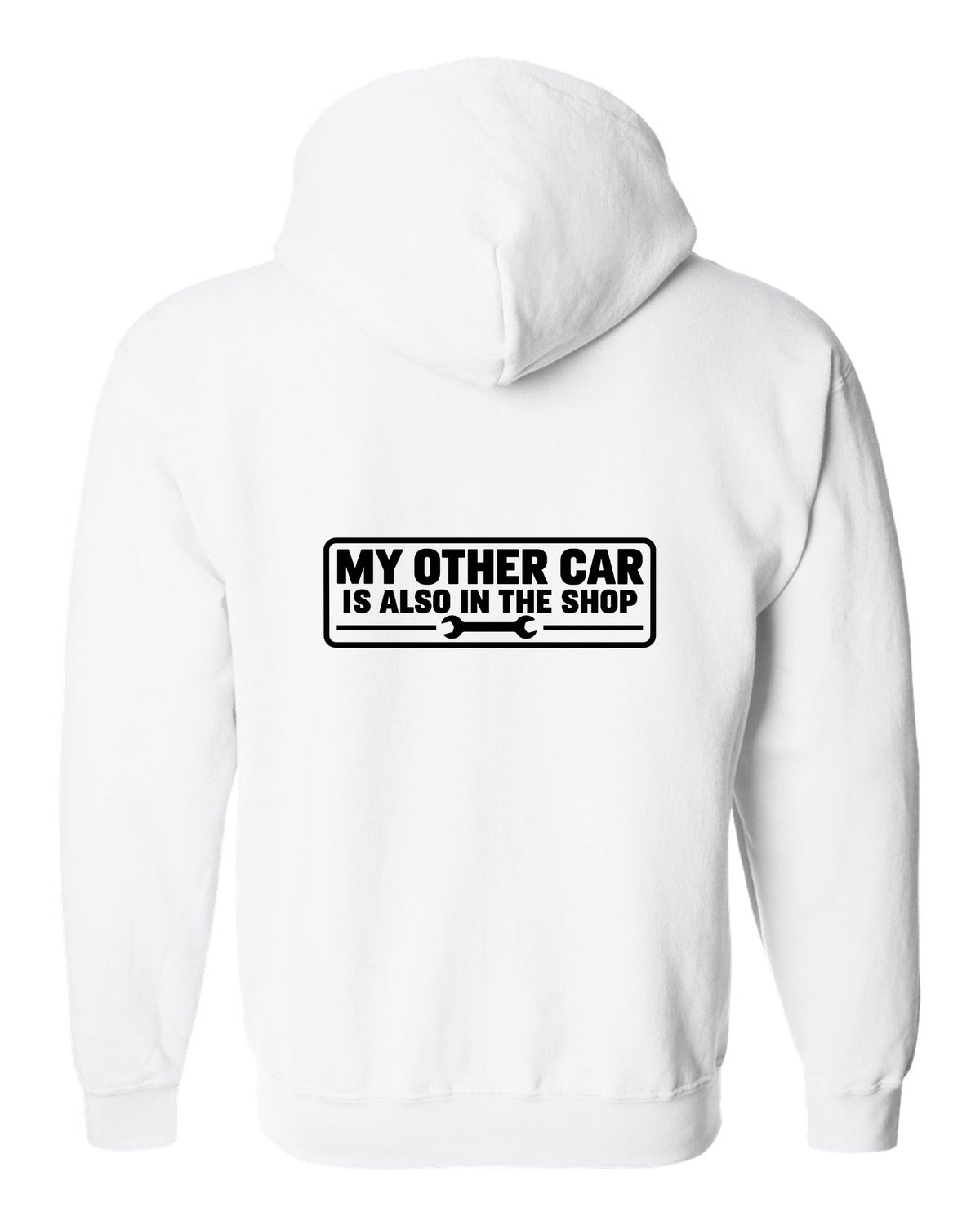 Bumper sticker rectangle with a small wrench icon white zip hoodie back view with the design
