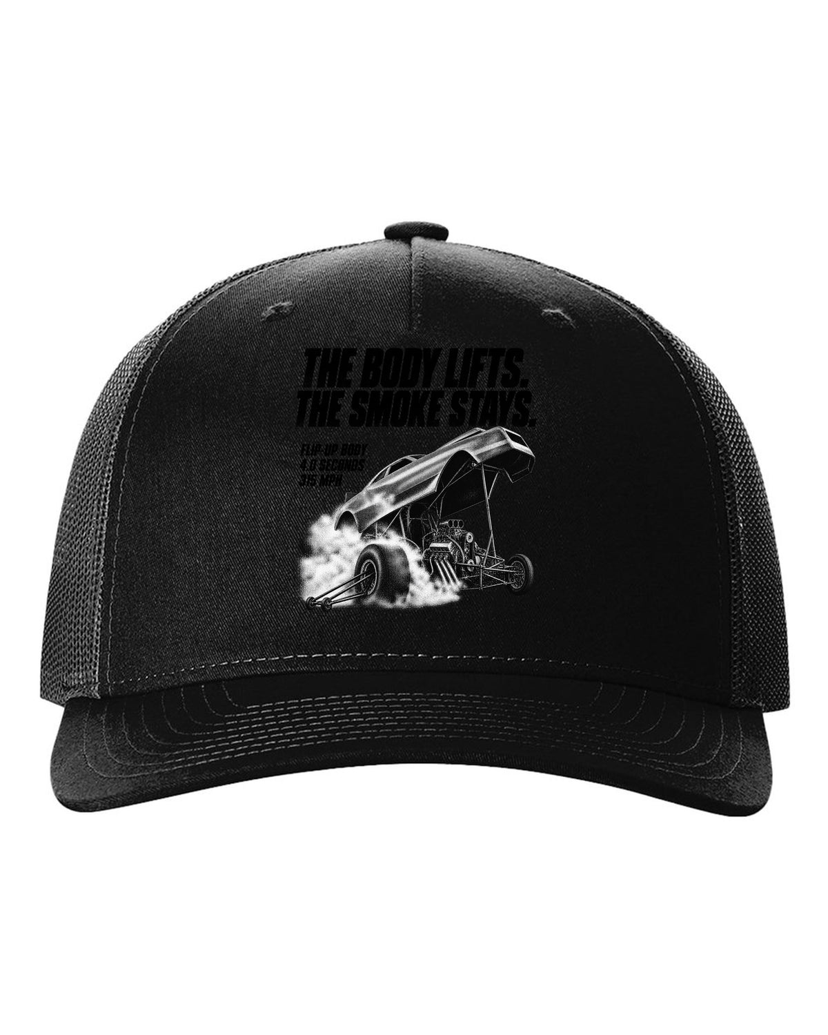 Funny Car flip-up body halftone print with 4.0 seconds and 315 mph text black hat front view with the design