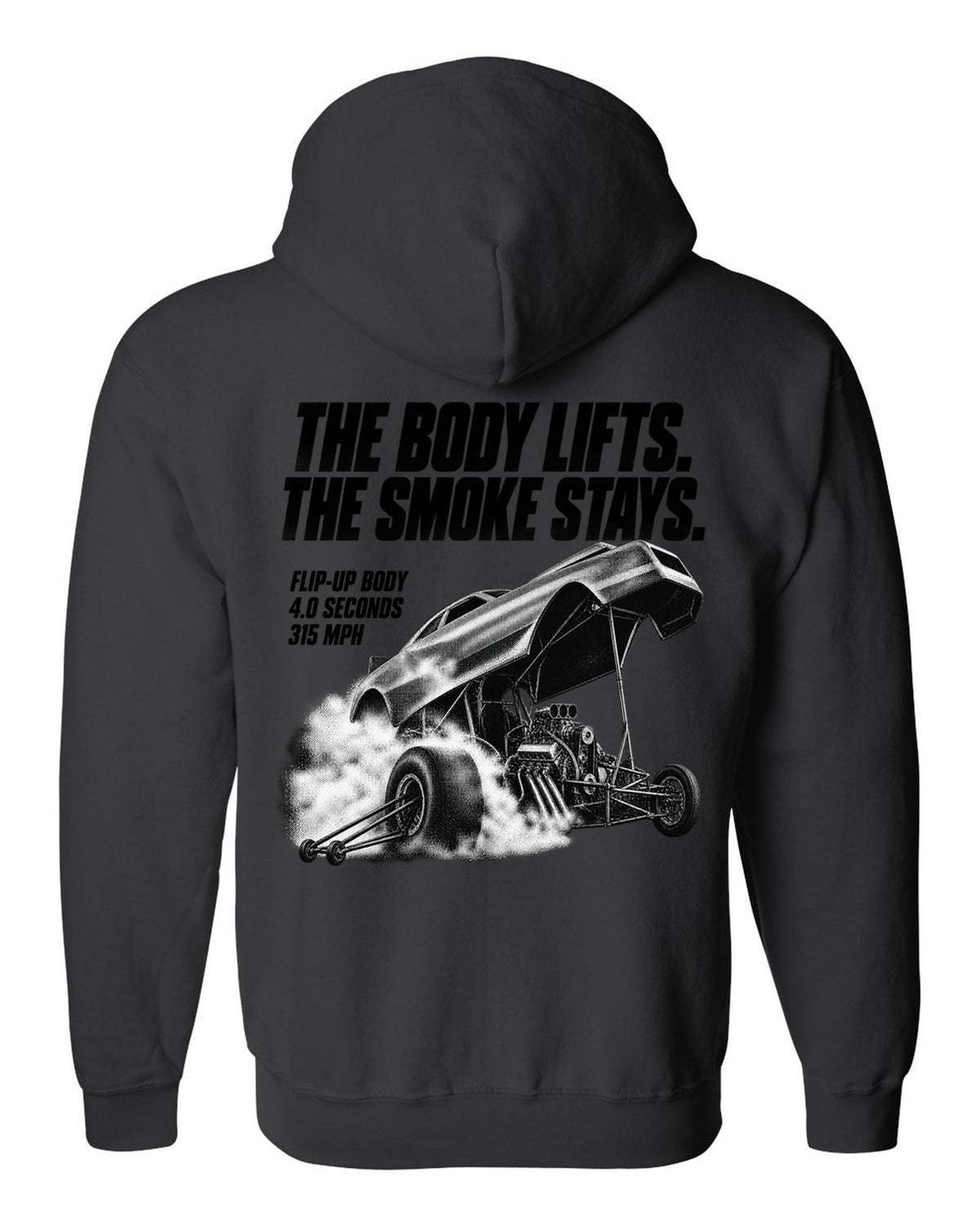 Funny Car flip-up body halftone print with 4.0 seconds and 315 mph text black zip hoodie back view with the design