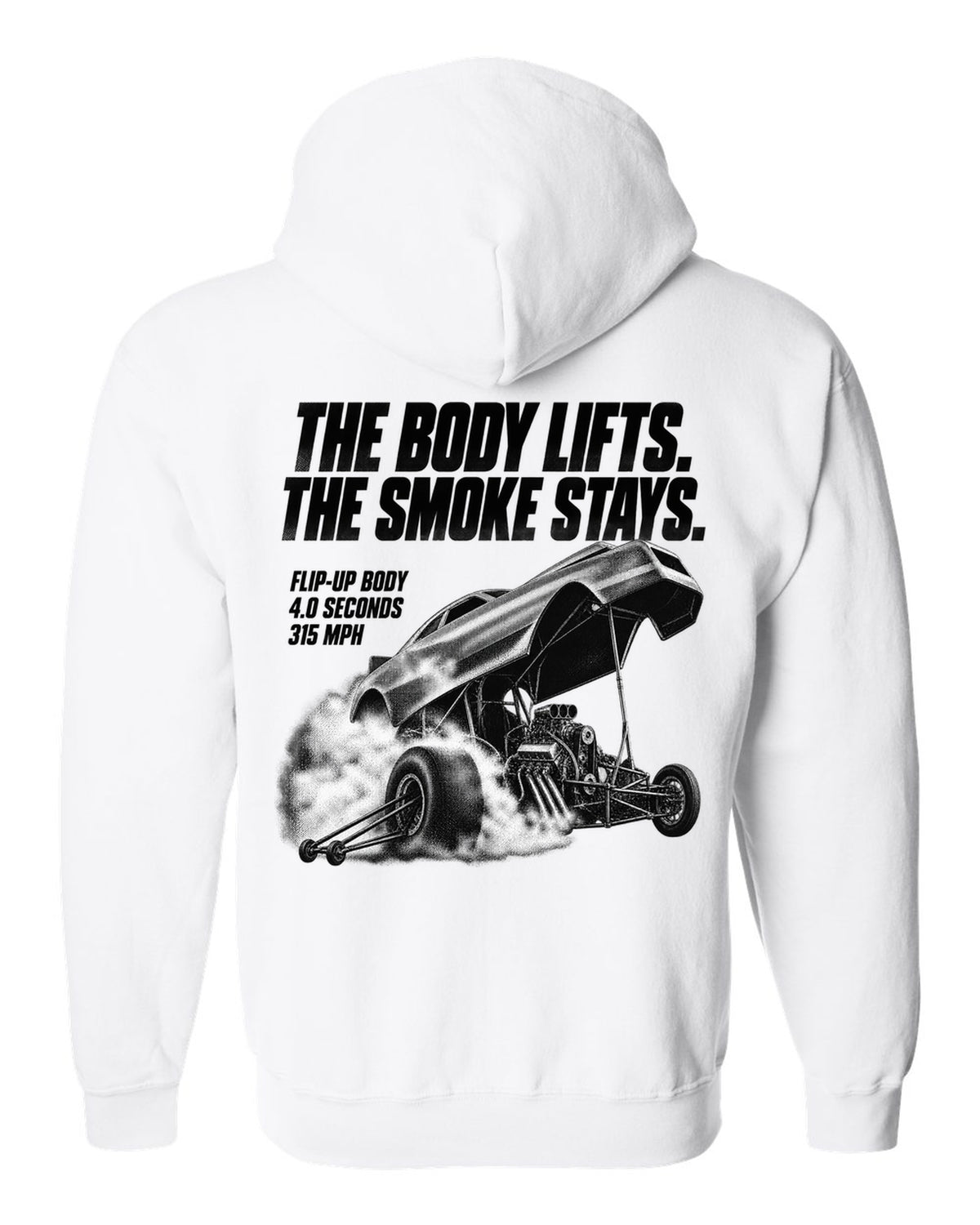 Funny Car flip-up body halftone print with 4.0 seconds and 315 mph text white zip hoodie back view with the design