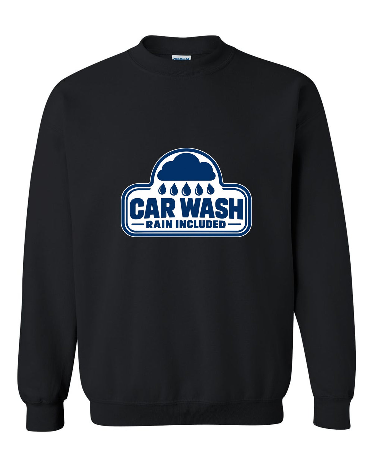 Rounded car wash sign under a raincloud with drops black crewneck front view with the design