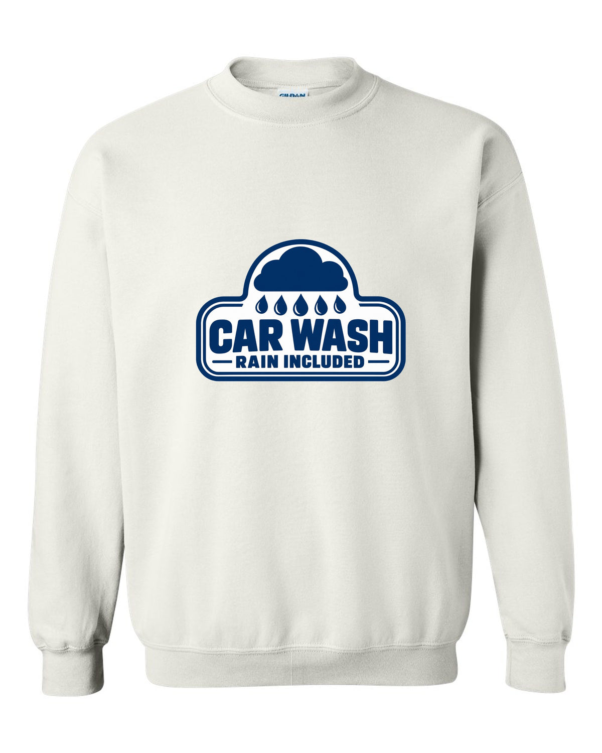 Rounded car wash sign under a raincloud with drops white crewneck front view with the design