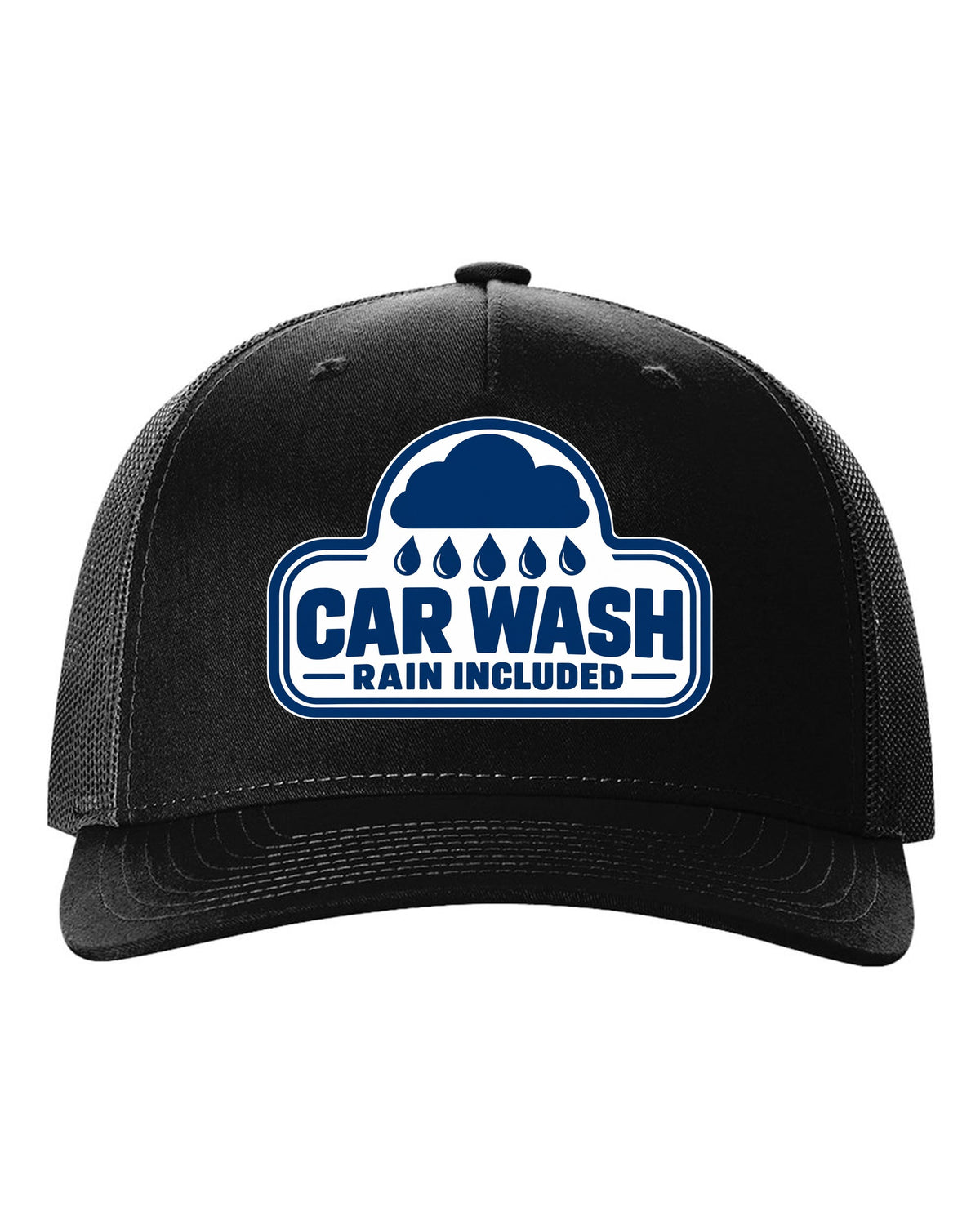 Rounded car wash sign under a raincloud with drops black hat front view with the design