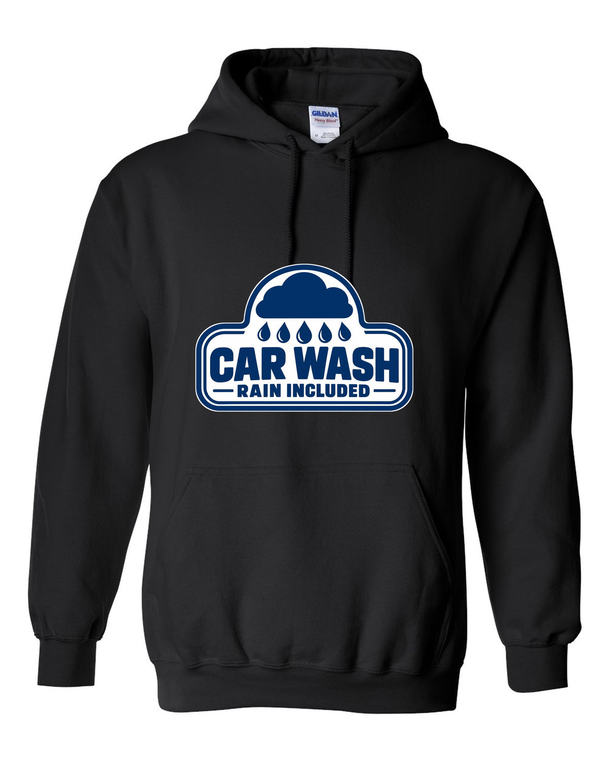 Rounded car wash sign under a raincloud with drops black pull over hoodie front view with the design