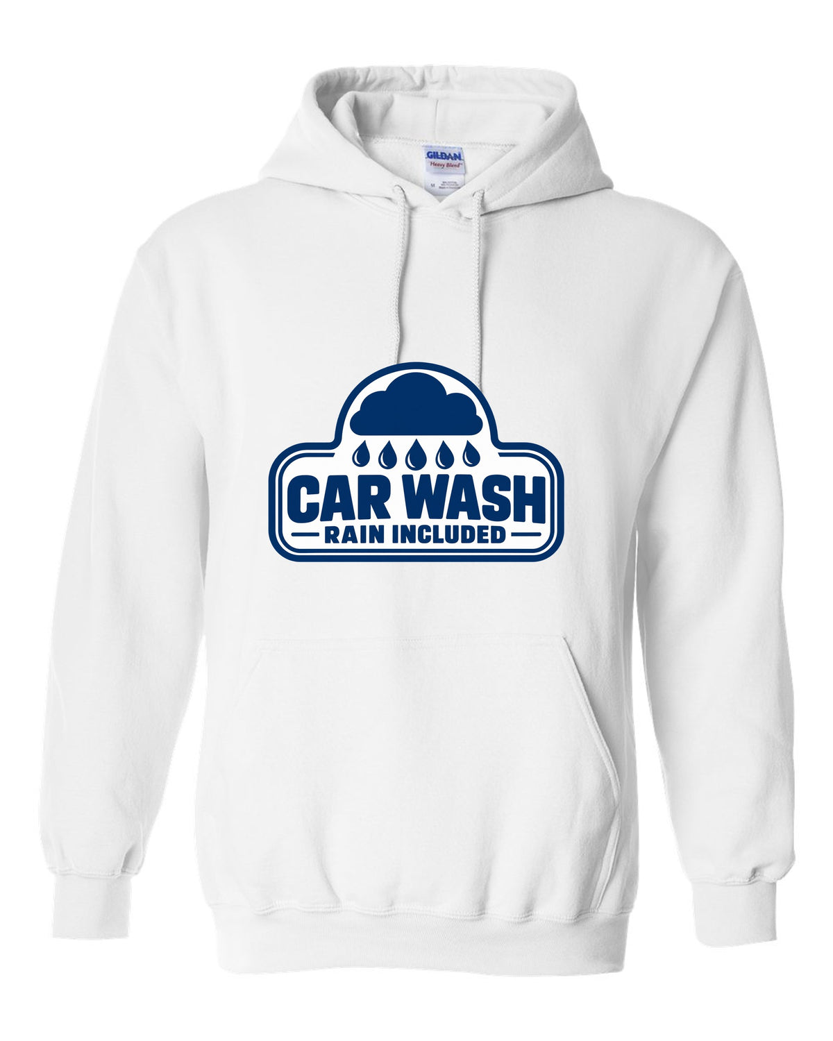 Rounded car wash sign under a raincloud with drops white pull over hoodie front view with the design
