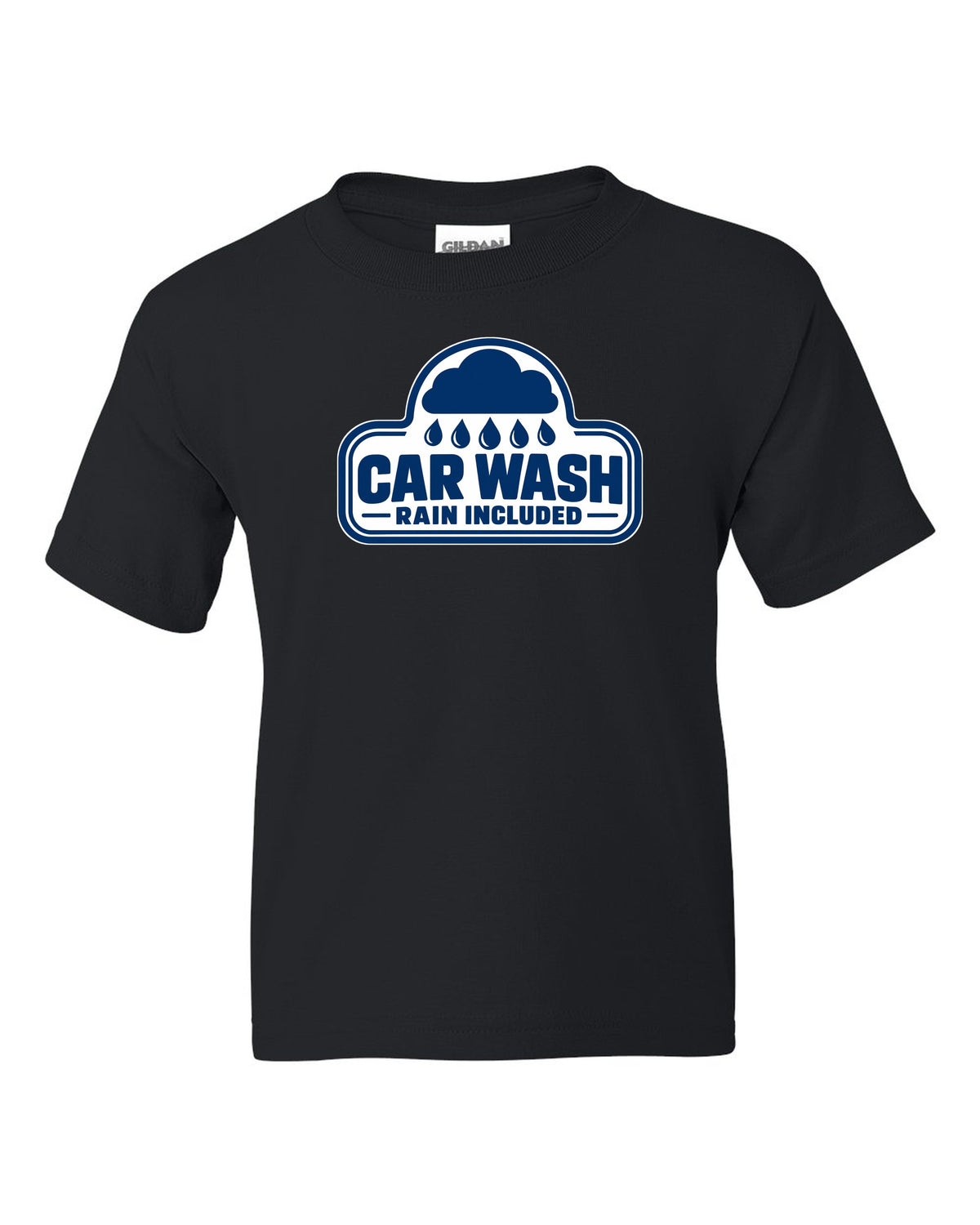 Rounded car wash sign under a raincloud with drops black kids tee front view with the design