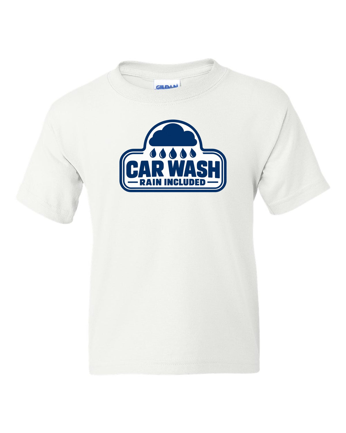 Rounded car wash sign under a raincloud with drops white kids tee front view with the design