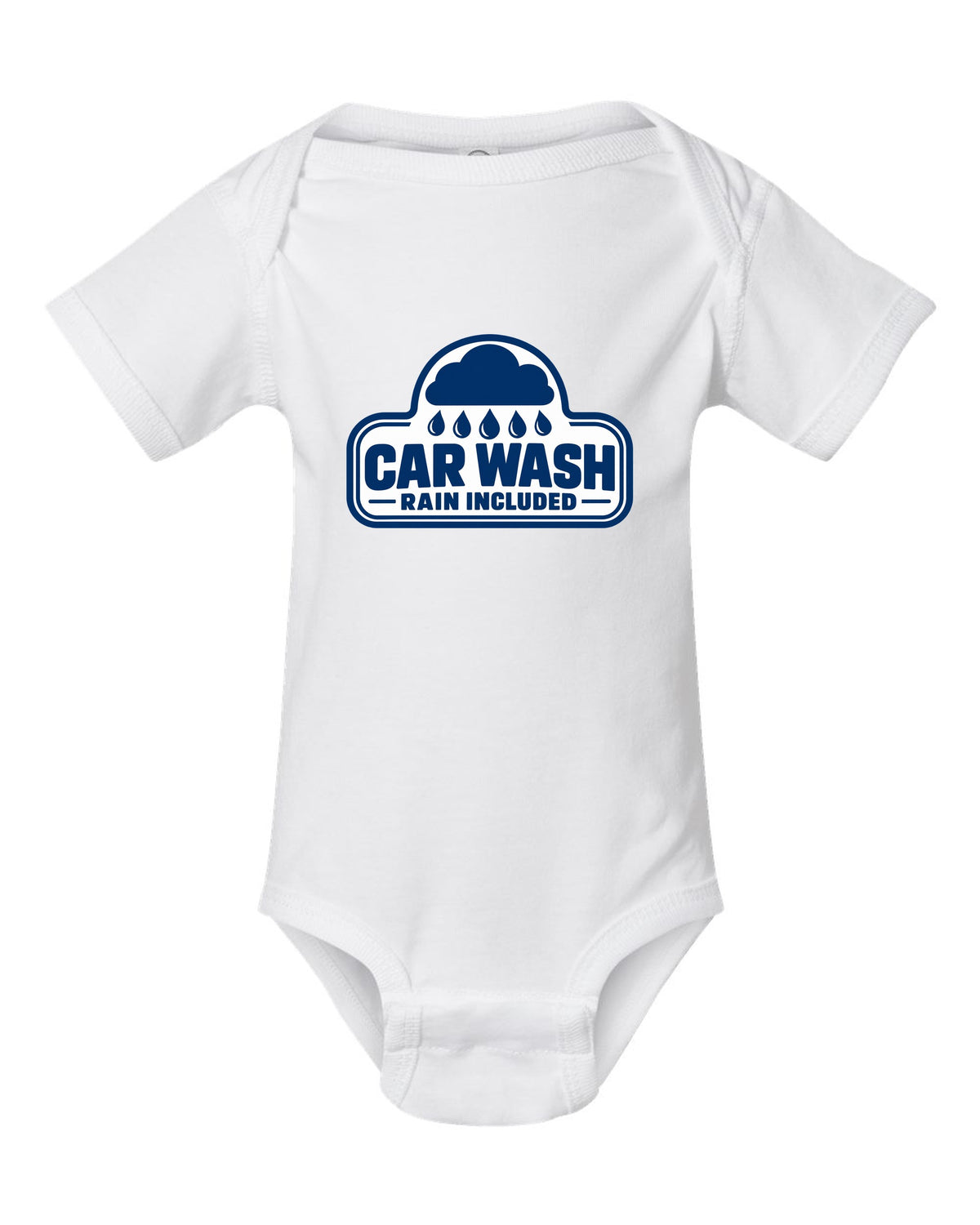 Funny Car Wash Rain Included Shirt for Car Guys white baby onesie front view with the design