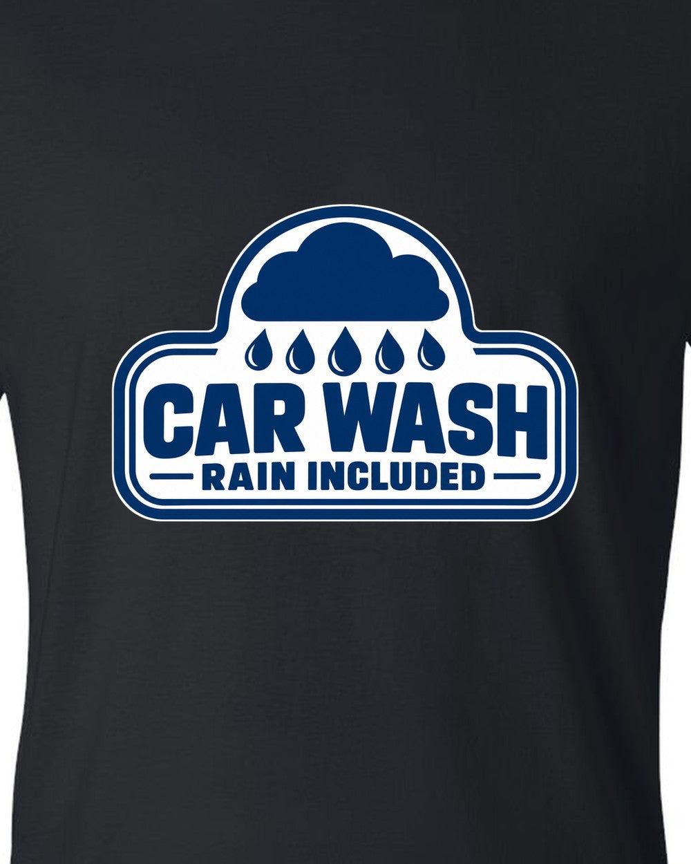 Rounded car wash sign under a raincloud with drops black t-shirt close-up